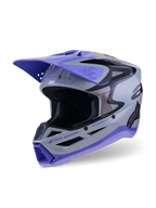 Alpinestars S-M3 Jettson Helmet ECE 22.06, capacete de motocross, cinzento, roxo e preto brilhante, vista frontal de três quartos com uma pala roxa, pormenores da marca em preto e múltiplas aberturas de ventilação para desempenho off-road