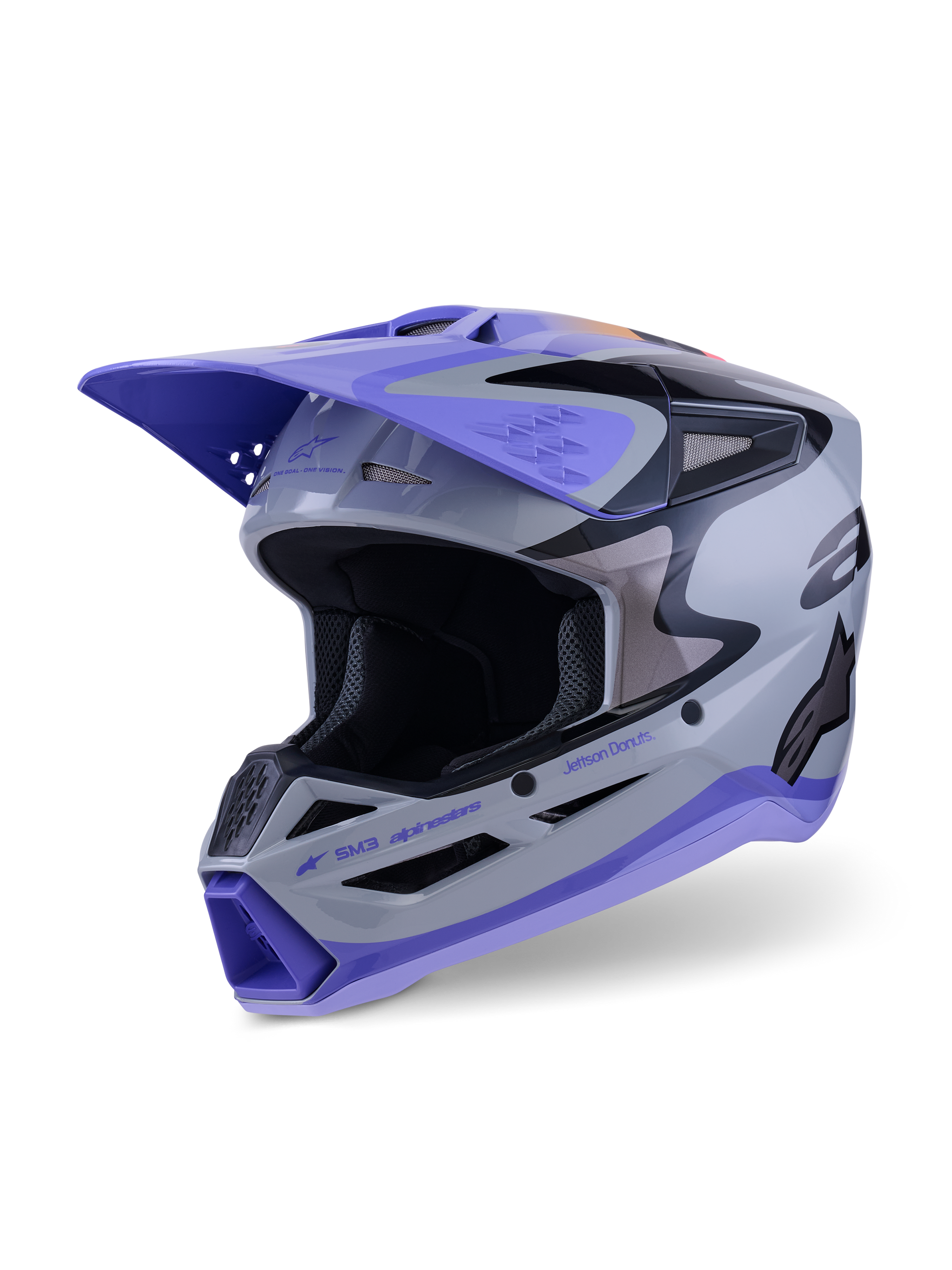 Alpinestars S-M3 Jettson Helmet ECE 22.06, capacete de motocross, cinzento, roxo e preto brilhante, vista frontal de três quartos com uma pala roxa, pormenores da marca em preto e múltiplas aberturas de ventilação para desempenho off-road