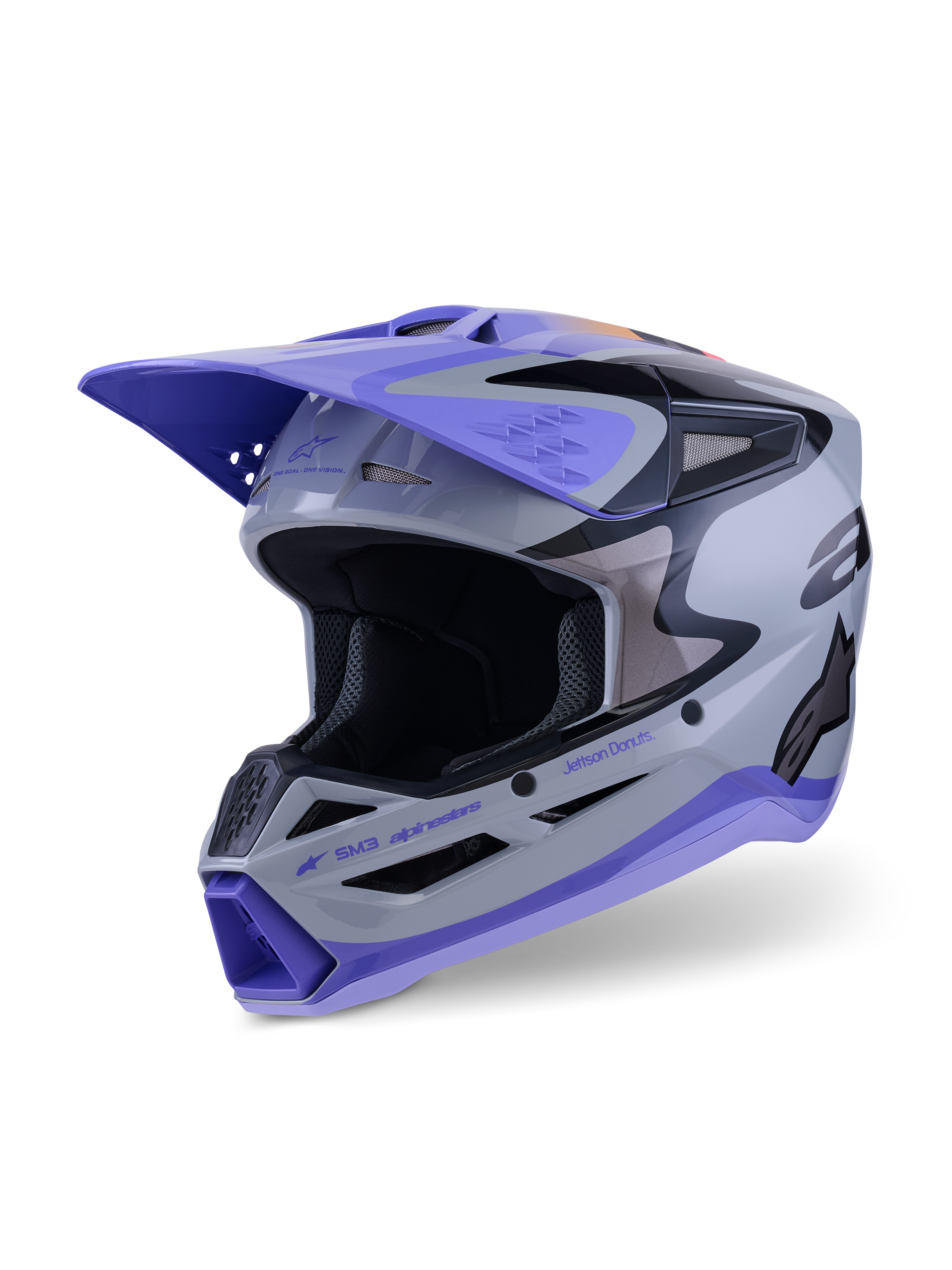 Alpinestars S-M3 Jettson Helmet ECE 22.06, capacete de motocross, cinzento, roxo e preto brilhante, vista frontal de três quartos com uma pala roxa, pormenores da marca em preto e múltiplas aberturas de ventilação para desempenho off-road