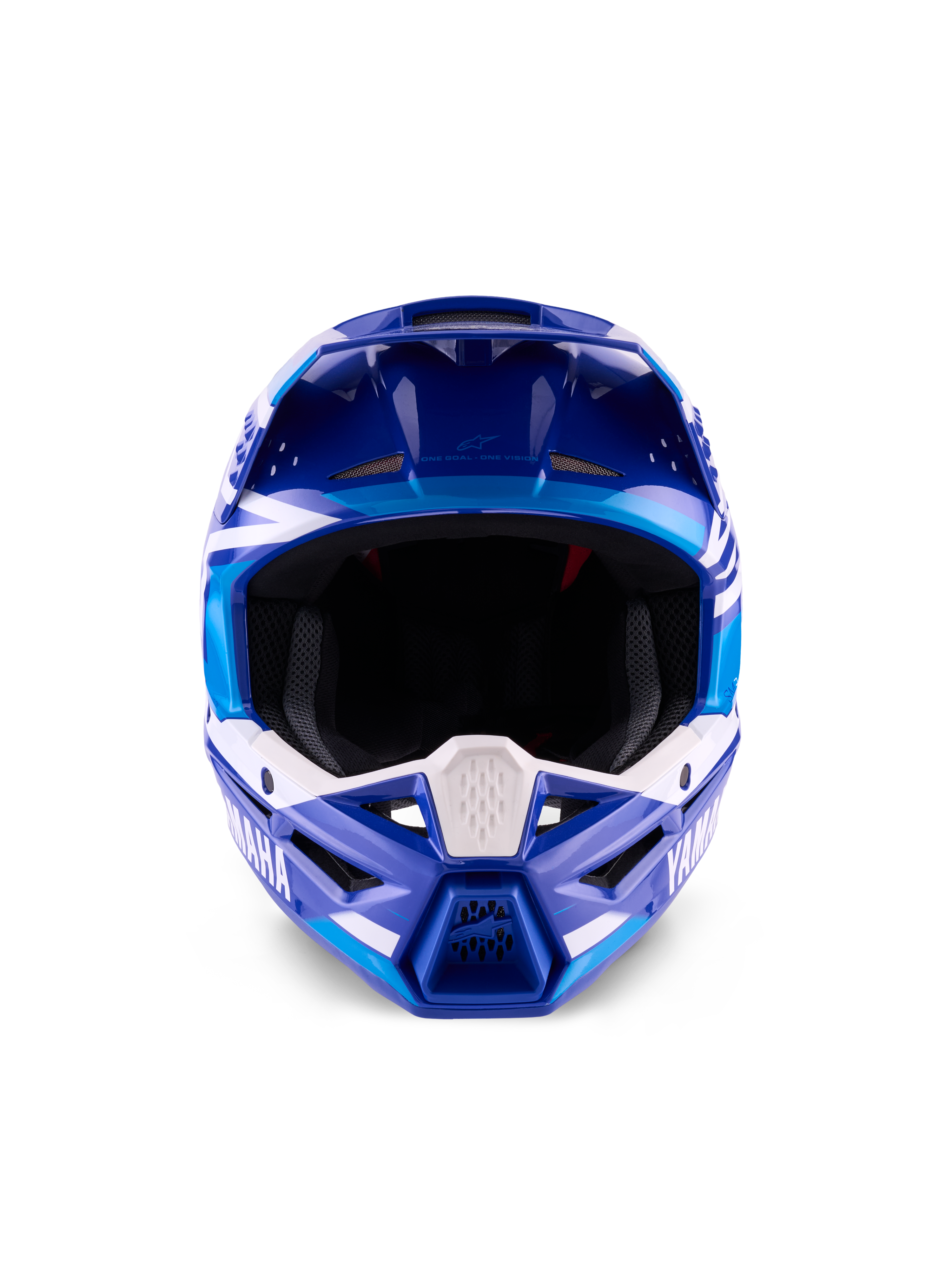 Yamaha S-M3 Helmet ECE 22.06, Motocross Helmet, Blue and White Glossy, front view highlighting the protective chin bar with Yamaha branding and multiple ventilation ports.