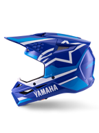 Alpinestars Yamaha S-M3 Helmet, Motocross Helmet, Blue and White Glossy, side profile view featuring Yamaha branding on the chin guard and Alpinestars star logo, aerodynamic shell with ventilation ports for off-road racing