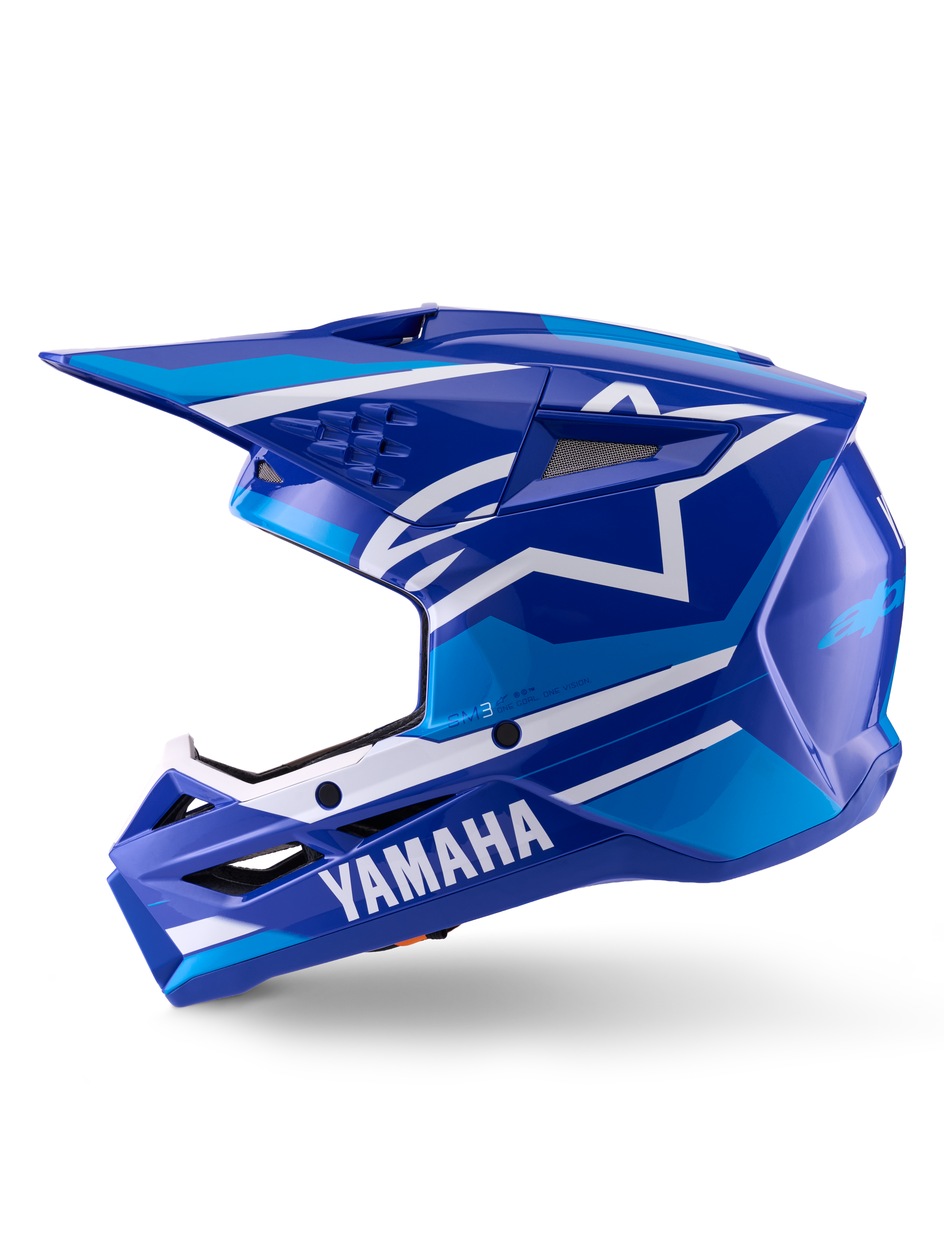 Alpinestars Yamaha S-M3 Helmet, Motocross Helmet, Blue and White Glossy, side profile view featuring Yamaha branding on the chin guard and Alpinestars star logo, aerodynamic shell with ventilation ports for off-road racing