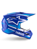 Alpinestars Yamaha S-M3 Helmet ECE 22.06, Motocross Racing Helmet, Blue and White Glossy, featuring bold Yamaha branding and geometric patterns, aerodynamic design with black mesh vents and a pointed visor, professional off-road gear