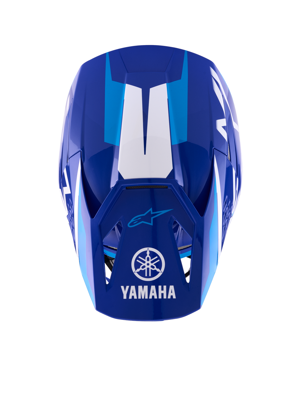 Alpinestars Yamaha S-M3 Helmet, Motocross Helmet, Blue and White Glossy, top-down view showing the visor with white Yamaha logo and wordmark, light blue graphic accents, and aggressive aerodynamic shell design.