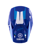 Alpinestars Yamaha S-M3 Helmet, Motocross Helmet, Blue and White Glossy, top-down view showing the visor with white Yamaha logo and wordmark, light blue graphic accents, and aggressive aerodynamic shell design.