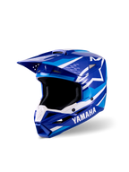 Capacete de Motocross Alpinestars Yamaha S-M3 para Jovens, acabamento brilhante azul e branco, com logótipos proeminentes da Yamaha e Alpinestars, design de viseira aerodinâmica, abertura ocular ampla e queixeira ventilada para desempenho em corridas de todo-o-terreno.