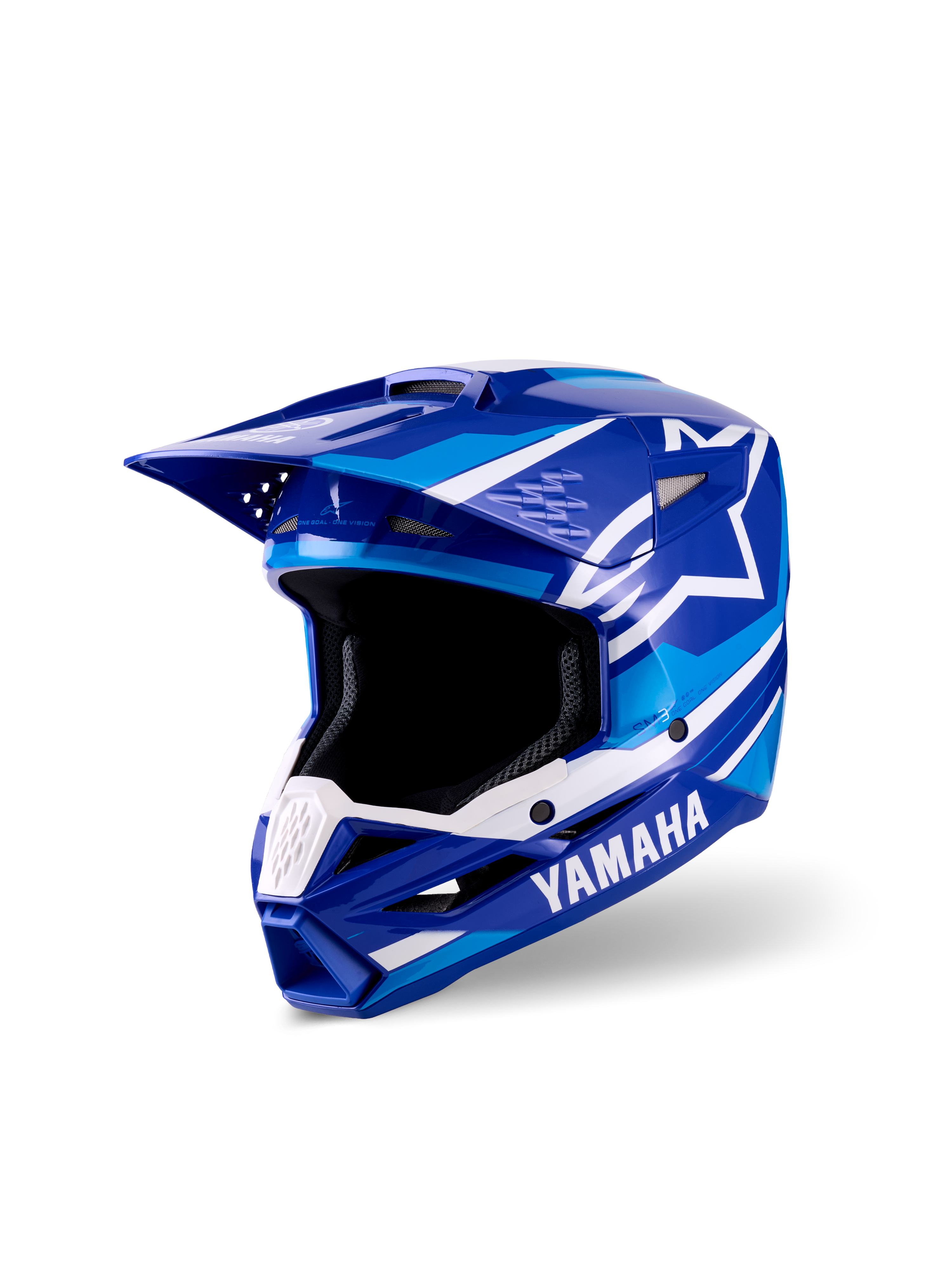 Capacete de Motocross Alpinestars Yamaha S-M3 para Jovens, acabamento brilhante azul e branco, com logótipos proeminentes da Yamaha e Alpinestars, design de viseira aerodinâmica, abertura ocular ampla e queixeira ventilada para desempenho em corridas de todo-o-terreno.
