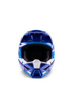 Capacete de Motocross Alpinestars Yamaha S-M3 para Jovens, azul e branco brilhante, vista frontal destacando a abertura ocular ampla e o design agressivo da queixeira, inclui a marca Yamaha e grafismos geométricos, proteção de cabeça profissional de todo-o-terreno para jovens pilotos