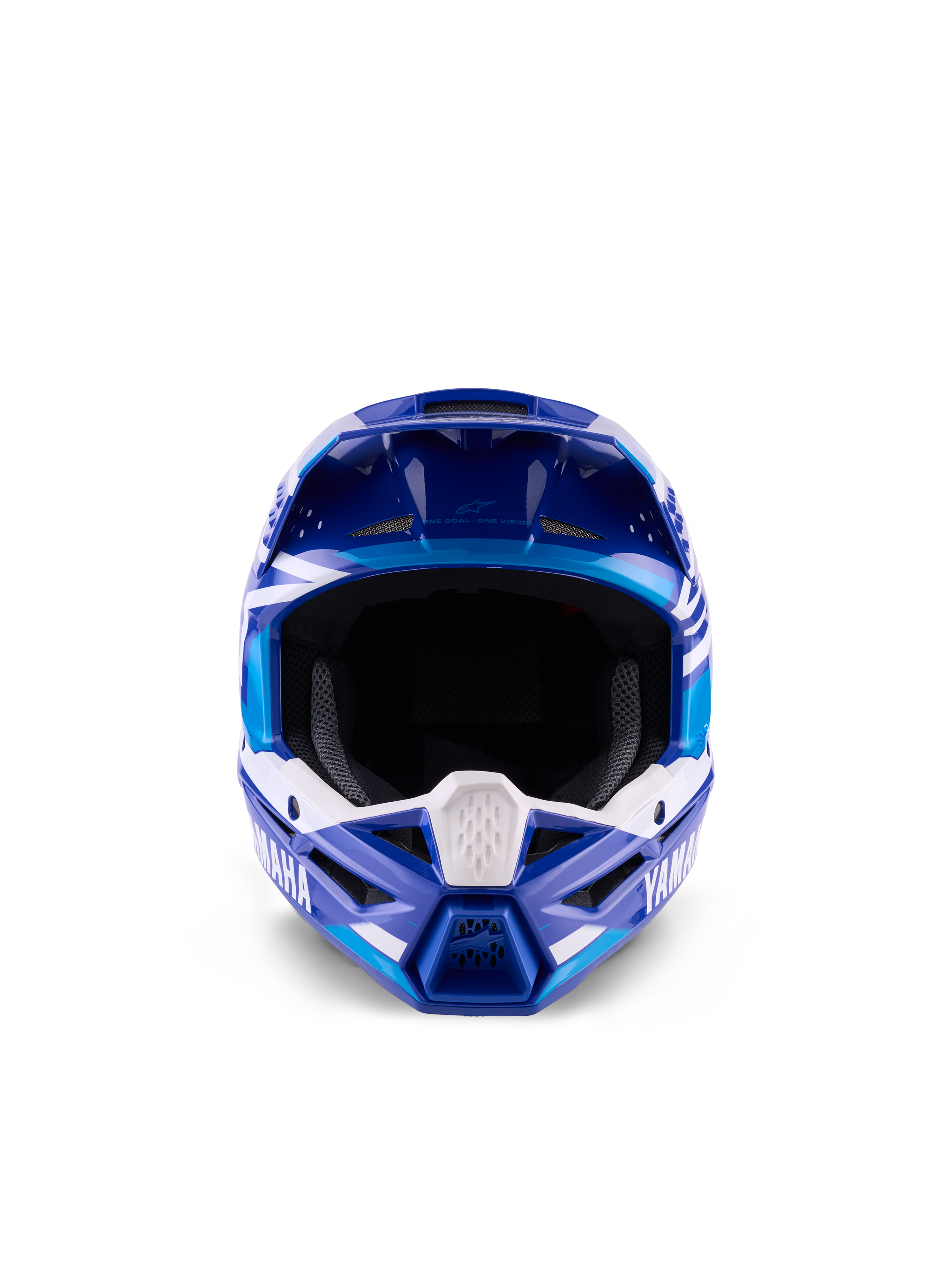 Capacete de Motocross Alpinestars Yamaha S-M3 para Jovens, azul e branco brilhante, vista frontal destacando a abertura ocular ampla e o design agressivo da queixeira, inclui a marca Yamaha e grafismos geométricos, proteção de cabeça profissional de todo-o-terreno para jovens pilotos