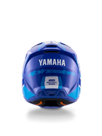 Capacete de Motocross Yamaha S-M3 para Jovens, vista traseira, azul e branco brilhante, com logótipos Yamaha e Alpinestars em destaque, design aerodinâmico com etiqueta de certificação de segurança ECE 22.06, proteção de cabeça profissional para todo-o-terreno