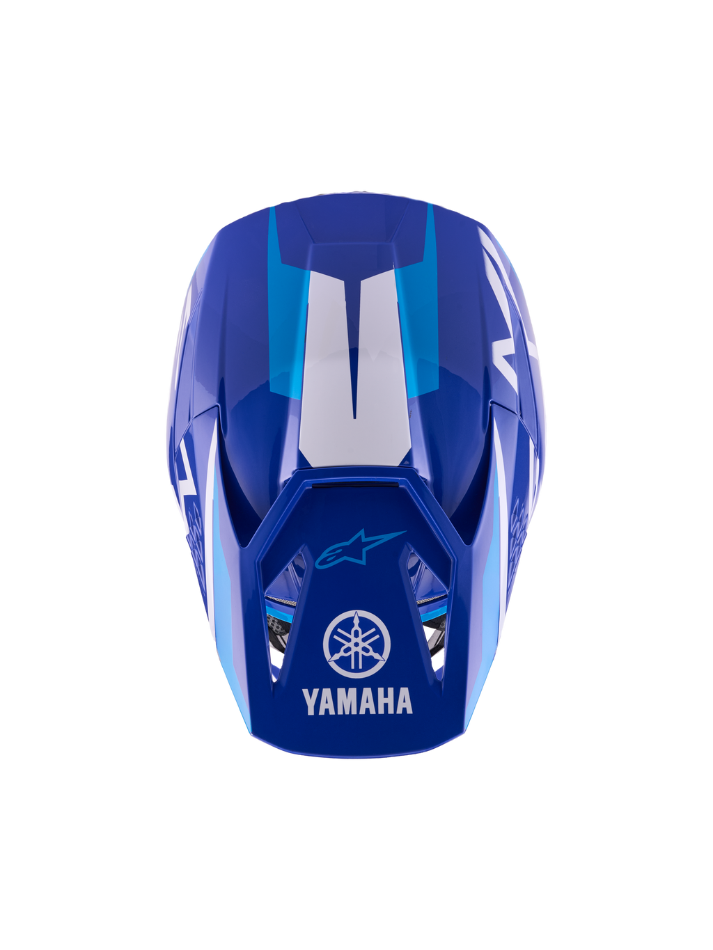 Capacete de Motocross Alpinestars Yamaha S-M3 para Jovens, azul e branco brilhante, vista superior mostrando a calota exterior e a viseira, com os logótipos da Yamaha e Alpinestars, design aerodinâmico com acabamento brilhante e detalhes gráficos brancos.