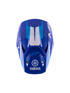 Capacete de Motocross Alpinestars Yamaha S-M3 para Jovens, azul e branco brilhante, vista superior mostrando a calota exterior e a viseira, com os logótipos da Yamaha e Alpinestars, design aerodinâmico com acabamento brilhante e detalhes gráficos brancos.