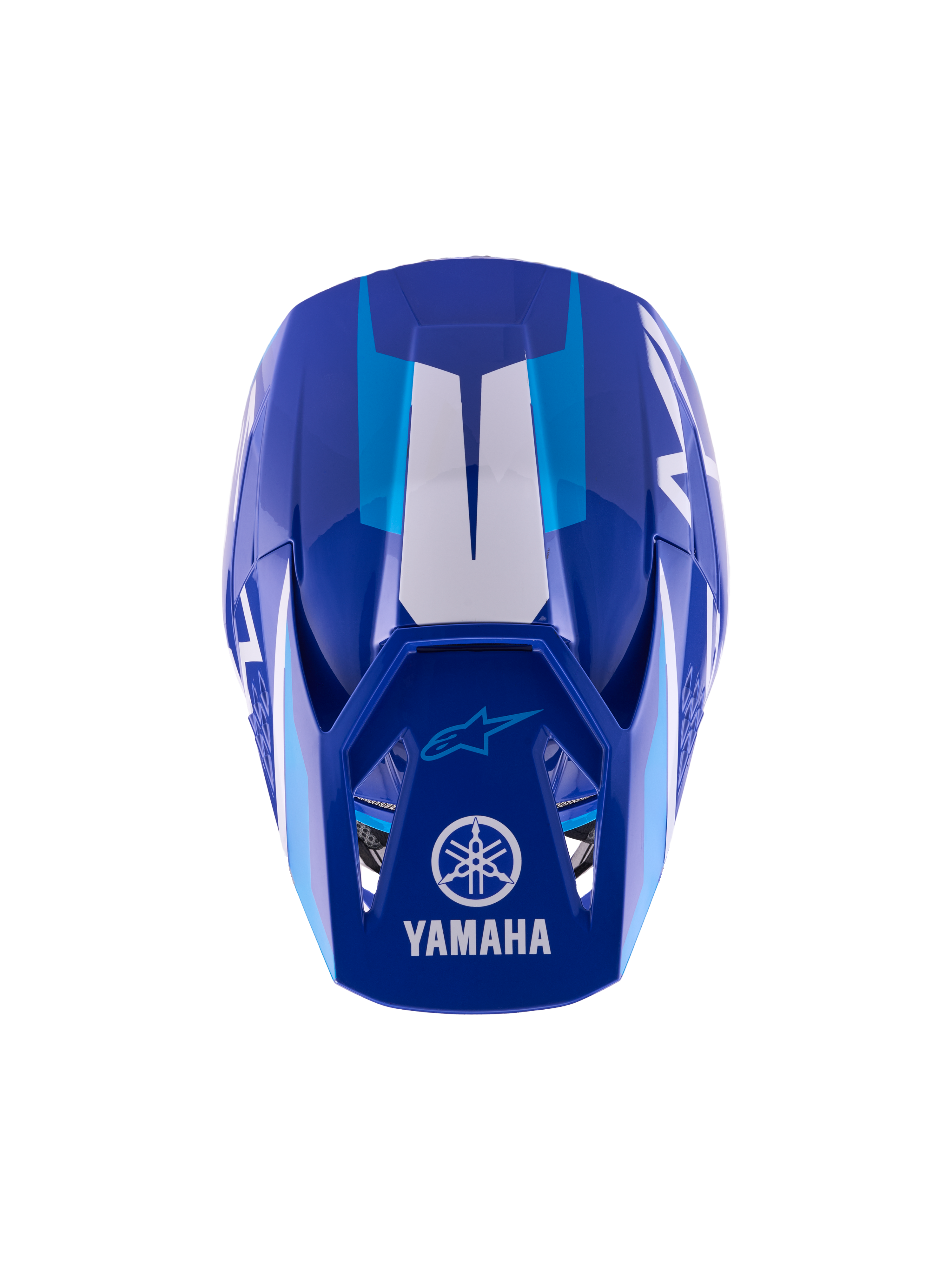 Capacete de Motocross Alpinestars Yamaha S-M3 para Jovens, azul e branco brilhante, vista superior mostrando a calota exterior e a viseira, com os logótipos da Yamaha e Alpinestars, design aerodinâmico com acabamento brilhante e detalhes gráficos brancos.