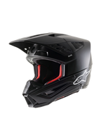 Alpinestars S-M5 Solid Helmet ECE 22.06, Motocross Helmet, Black Matt, three-quarter view, featuring white Alpinestars logo on the side and red interior padding, aerodynamic design with multiple ventilation ports