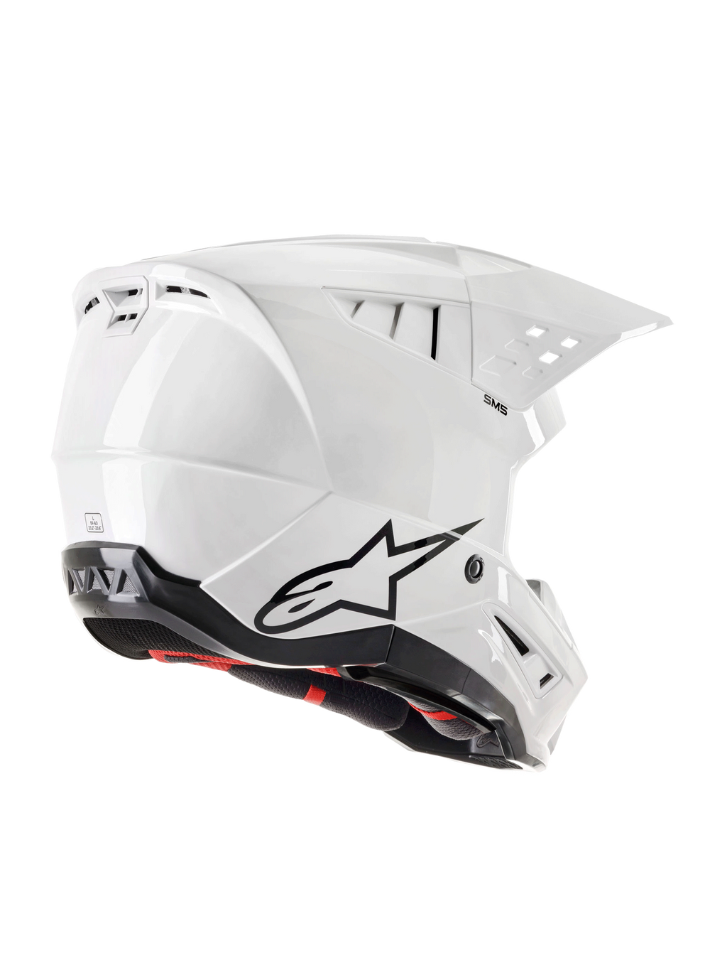 Alpinestars S-M5 Solid Helmet ECE 22.06, Motocross Helmet, White Glossy, rear three-quarter view featuring black Astars logo, integrated exhaust vents, and sleek aerodynamic shell design