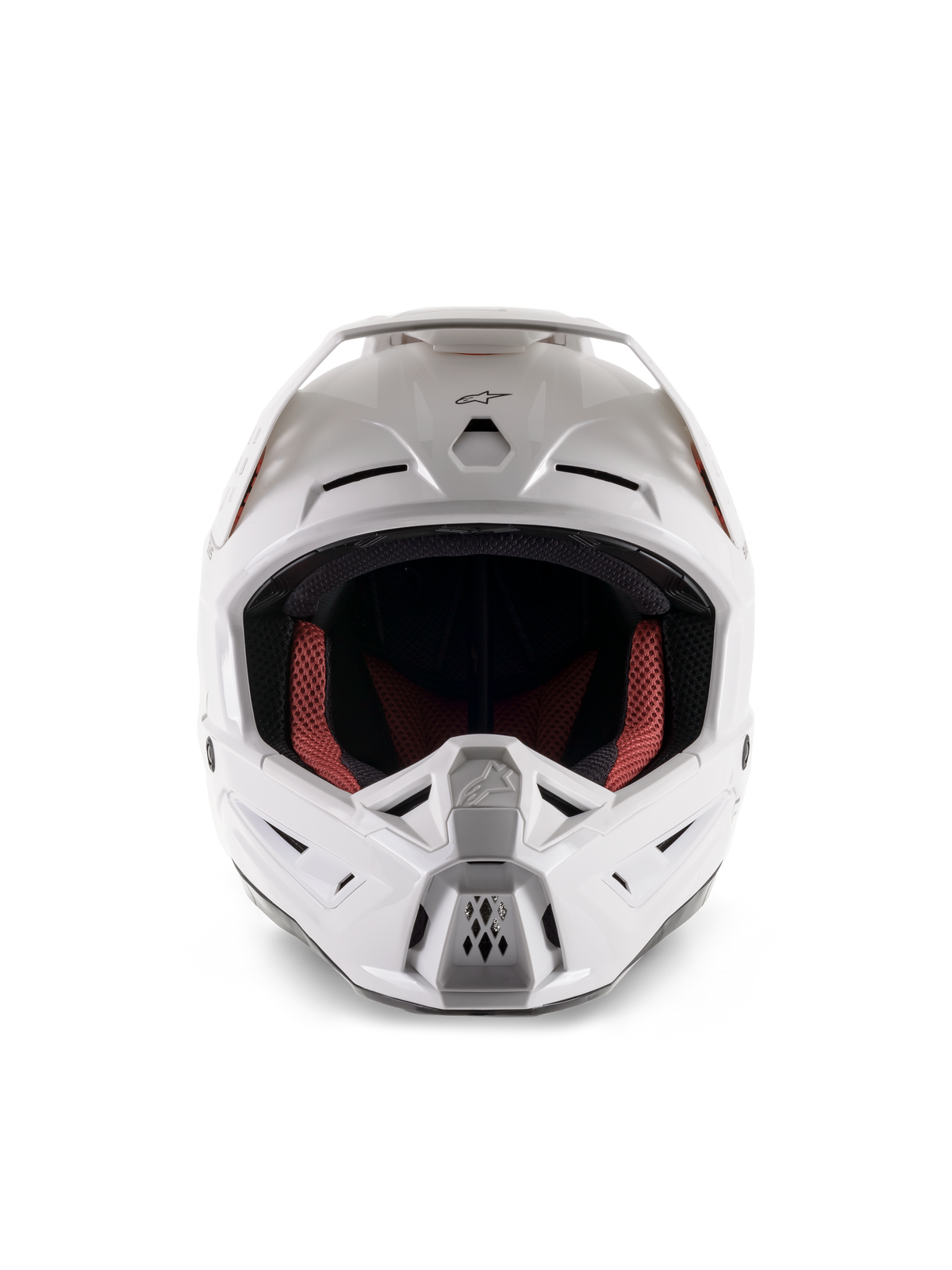 Alpinestars S-M5 Solid Helmet ECE 22.06, capacete de motocross, branco brilhante, vista frontal, com múltiplas entradas de ar no queixo e na testa, viseira larga, forro interno vermelho e preto, design elegante e aerodinâmico para corridas off-road