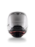 Alpinestars S-M5 Solid Helmet ECE 22.06, Motocross Helmet, White Glossy, rear view featuring aerodynamic exhaust vents and black lower trim with logos, sleek protective gear for off-road racing