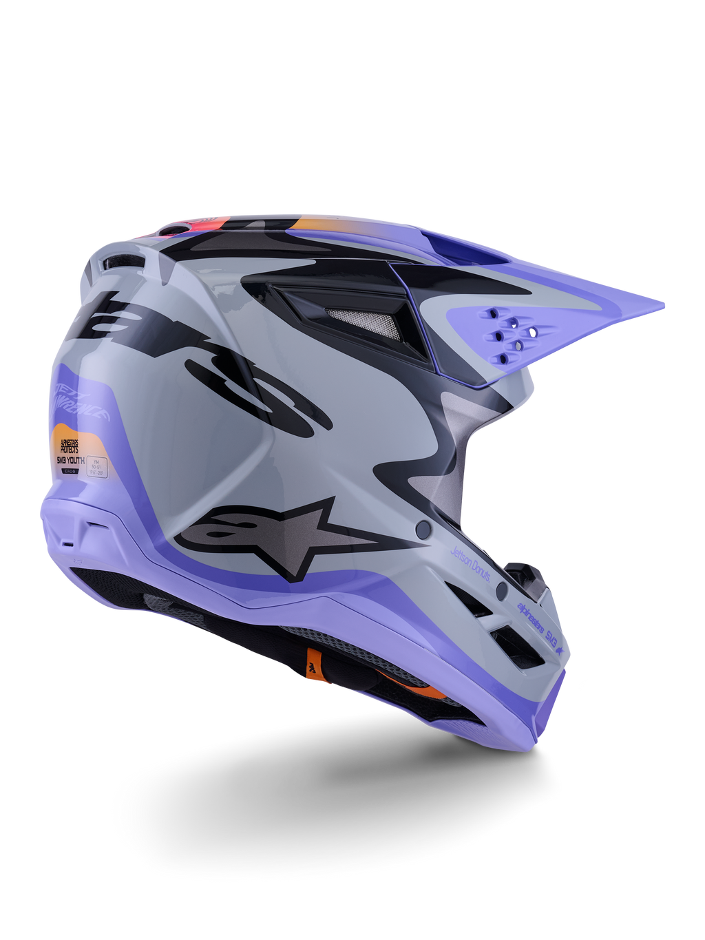 Capacete Alpinestars S-M3 Jettson Youth, capacete de motocross, cinzento, roxo e preto brilhante, vista traseira em três quartos, com viseira roxa, logótipo Alpinestars preto e várias aberturas de ventilação, design elegante para corridas off-road juvenis