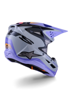 Capacete Alpinestars S-M3 Jettson Youth, capacete de motocross, cinzento, roxo e preto brilhante, vista traseira em três quartos, com viseira roxa, logótipo Alpinestars preto e várias aberturas de ventilação, design elegante para corridas off-road juvenis