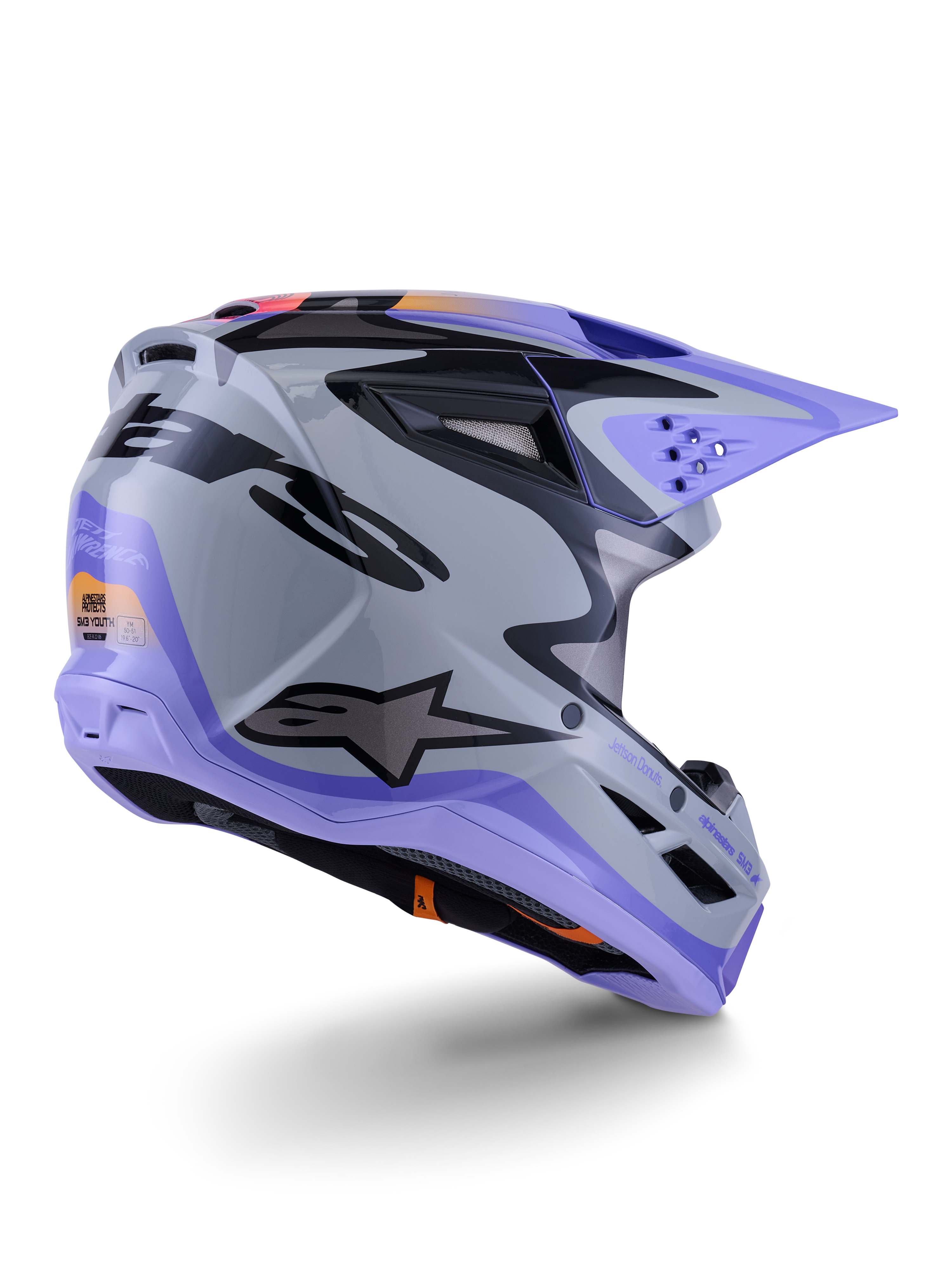 Capacete Alpinestars S-M3 Jettson Youth, capacete de motocross, cinzento, roxo e preto brilhante, vista traseira em três quartos, com viseira roxa, logótipo Alpinestars preto e várias aberturas de ventilação, design elegante para corridas off-road juvenis