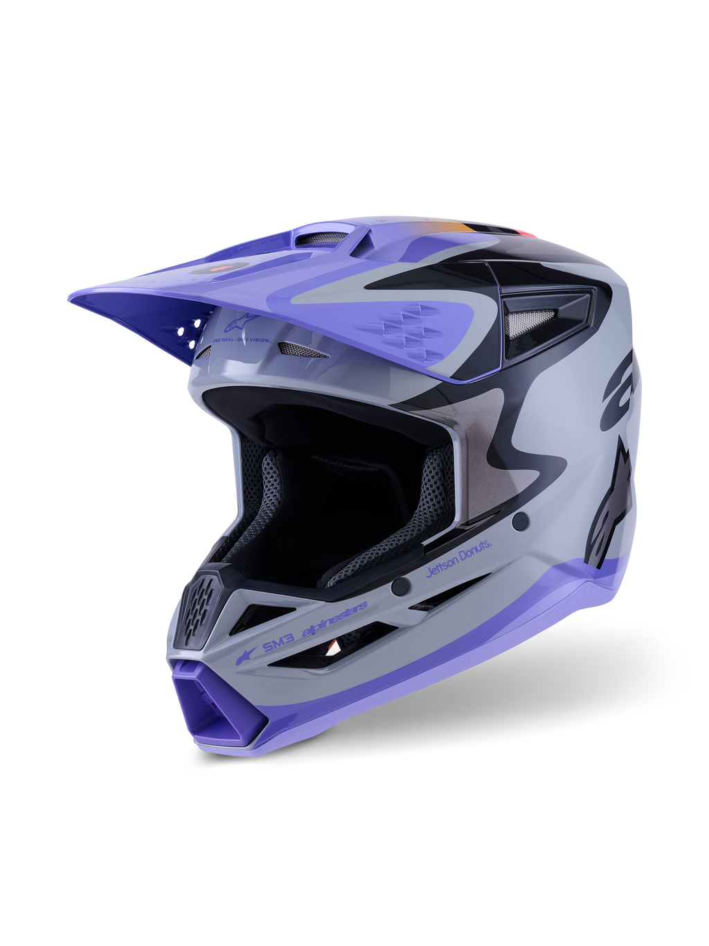 Alpinestars S-M3 Jettson Youth Helmet ECE 22.06, capacete de motocross, cinzento, roxo e preto brilhante, com viseira e queixeira roxas, calota aerodinâmica com aberturas de ventilação em malha, gráficos arrojados para corridas de todo-o-terreno para jovens