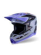 Alpinestars S-M3 Jettson Youth Helmet ECE 22.06, capacete de motocross, cinzento, roxo e preto brilhante, com viseira e queixeira roxas, calota aerodinâmica com aberturas de ventilação em malha, gráficos arrojados para corridas de todo-o-terreno para jovens