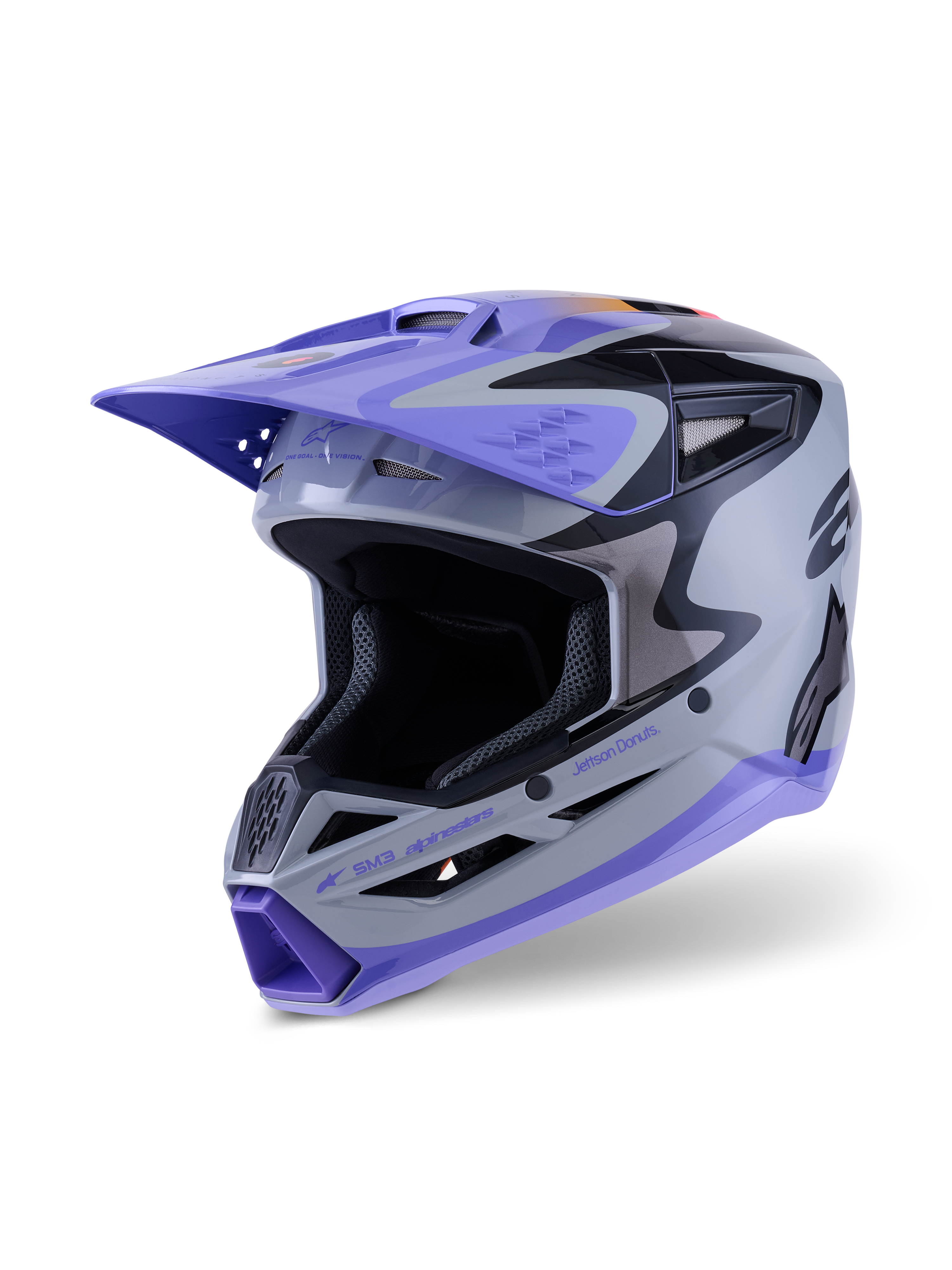 Alpinestars S-M3 Jettson Youth Helmet ECE 22.06, capacete de motocross, cinzento, roxo e preto brilhante, com viseira e queixeira roxas, calota aerodinâmica com aberturas de ventilação em malha, gráficos arrojados para corridas de todo-o-terreno para jovens