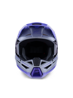 Capacete Alpinestars S-M3 Jettson, capacete de motocross, cinzento, roxo e preto brilhante, vista frontal com uma abertura ocular ampla e proteção de queixo ventilada com detalhes em roxo, design elegante de calota termo-injetada para performance off-road