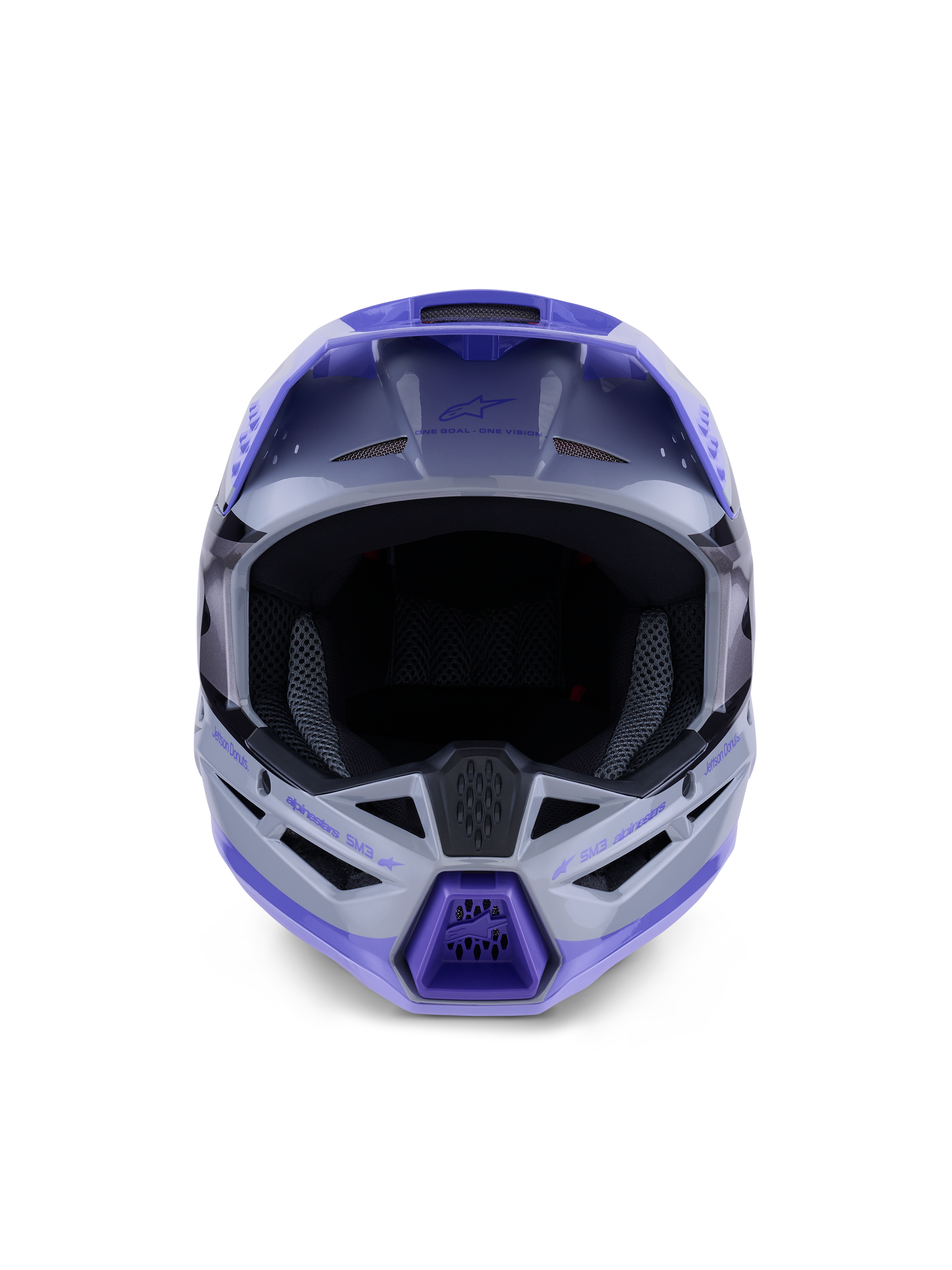 Capacete Alpinestars S-M3 Jettson, capacete de motocross, cinzento, roxo e preto brilhante, vista frontal com uma abertura ocular ampla e proteção de queixo ventilada com detalhes em roxo, design elegante de calota termo-injetada para performance off-road