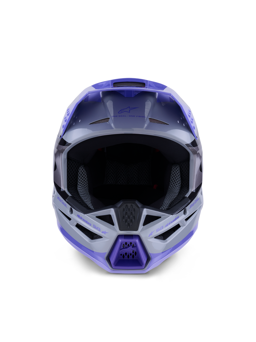Alpinestars S-M3 Jettson Youth Helmet, capacete de motocross, acabamento brilhante em cinzento, roxo e preto, vista frontal com abertura ampla para óculos e queixeira ventilada, proteção de cabeça profissional para todo-o-terreno.