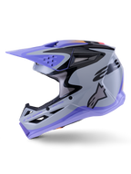Capacete Alpinestars S-M3 Jettson Youth, capacete de motocross, cinza, roxo e preto brilhante, com viseira e acabamento inferior em roxo, padrões gráficos pretos com logótipo lateral, proteção de cabeça profissional para corridas de todo-o-terreno para jovens