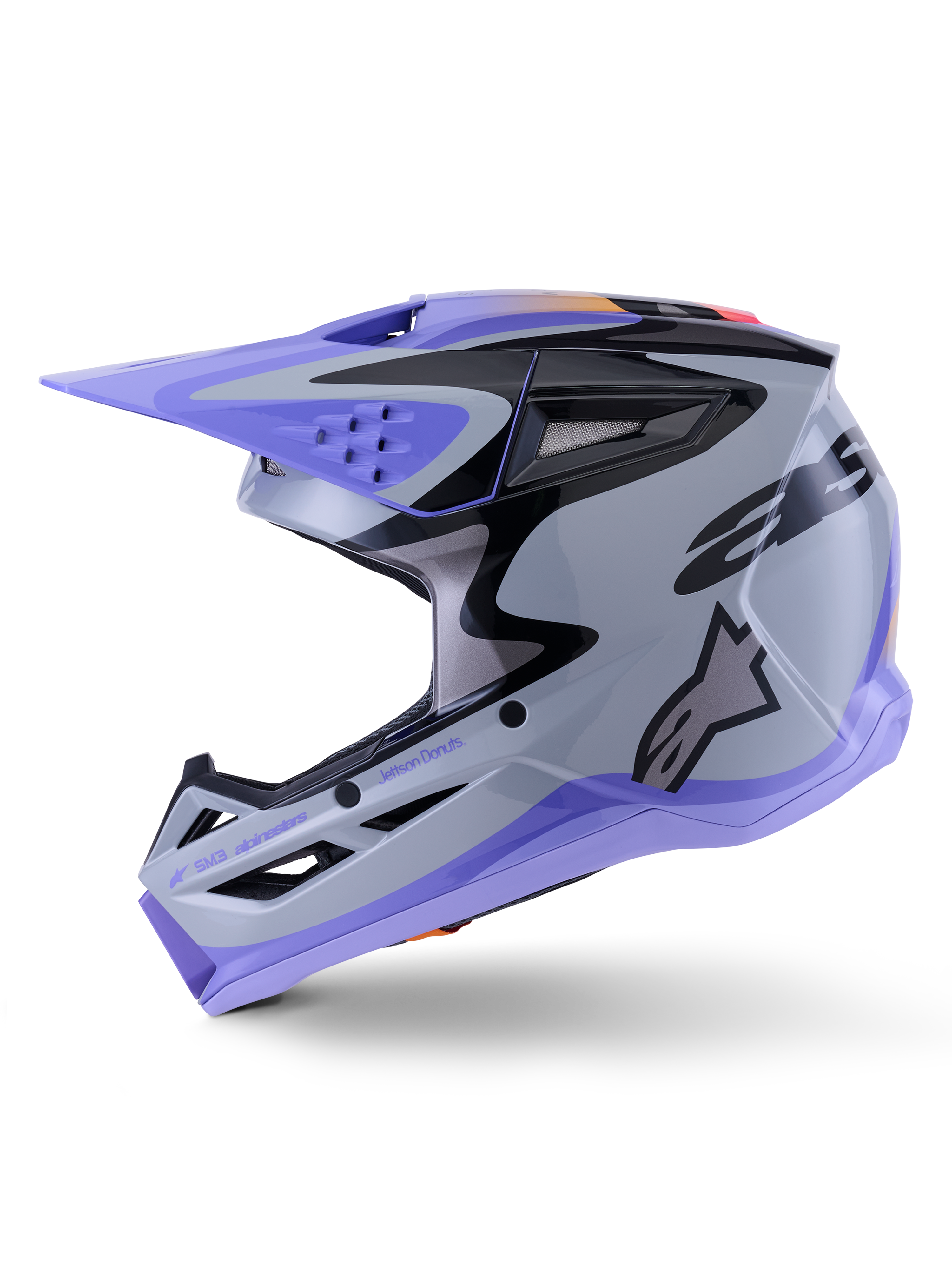 Capacete Alpinestars S-M3 Jettson Youth, capacete de motocross, cinza, roxo e preto brilhante, com viseira e acabamento inferior em roxo, padrões gráficos pretos com logótipo lateral, proteção de cabeça profissional para corridas de todo-o-terreno para jovens