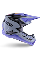 Alpinestars S-M3 Jettson Youth Helmet, capacete de motocross, cinzento, roxo e preto brilhante, perfil lateral com grafismos angulares nítidos e marca 'Jettson Donuts', design de calota aerodinâmica com aberturas de ventilação e logótipo Alpinestars, equipamento de proteção off-road de alto desempenho para jovens