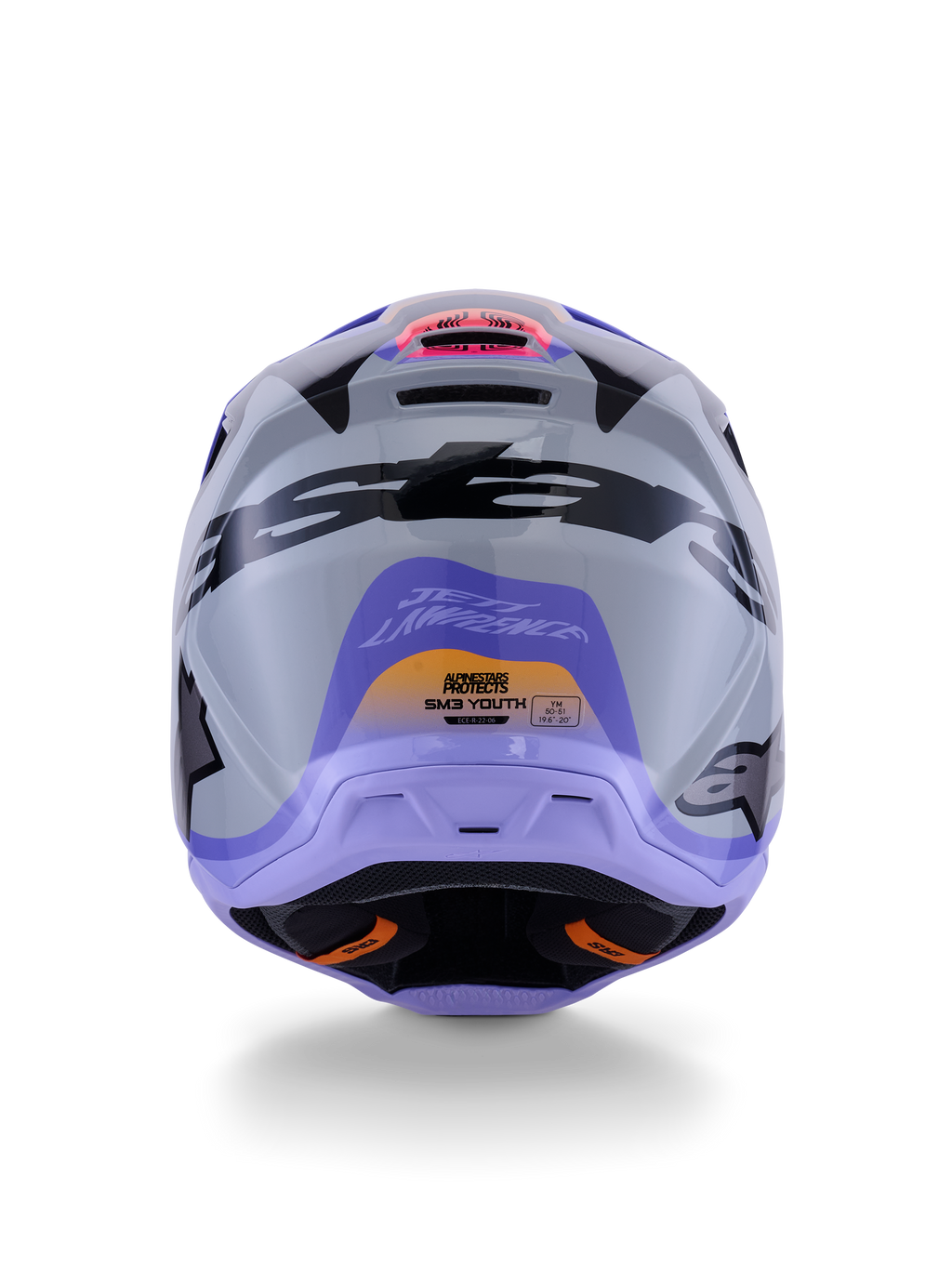 Capacete Alpinestars S-M3 Jettson Youth ECE 22.06, capacete de motocross, vista traseira em cinzento, roxo e preto brilhante, com grafismo de assinatura de Jett Lawrence, logótipo preto proeminente, aberturas de ventilação e acabamento brilhante para corridas de off-road
