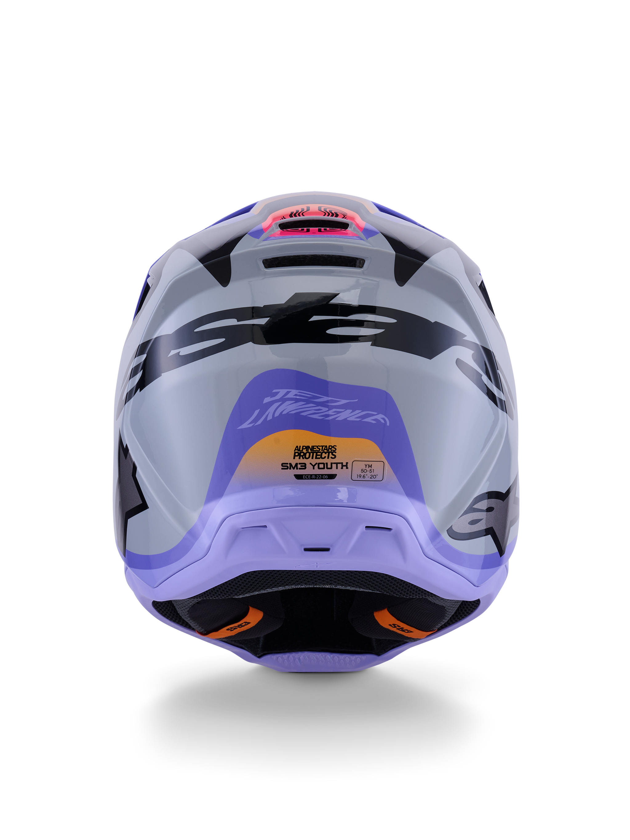 Capacete Alpinestars S-M3 Jettson para Jovens, vista traseira, cinzento com gráficos brilhantes em roxo e preto, com o design da assinatura de Jett Lawrence e logótipos Alpinestars, capacete de motocross off-road