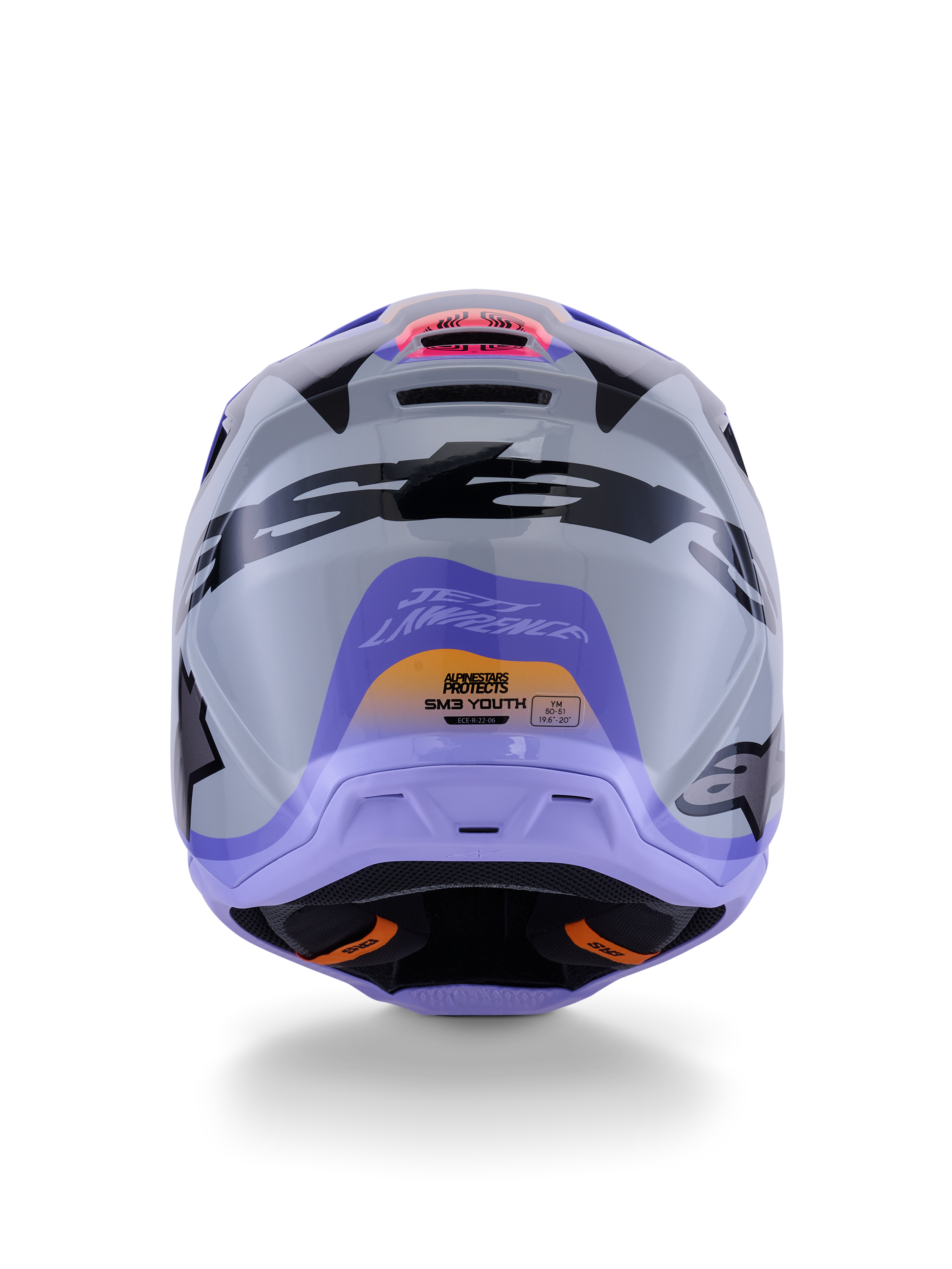 Capacete Alpinestars S-M3 Jettson para Jovens, vista traseira, cinzento com gráficos brilhantes em roxo e preto, com o design da assinatura de Jett Lawrence e logótipos Alpinestars, capacete de motocross off-road