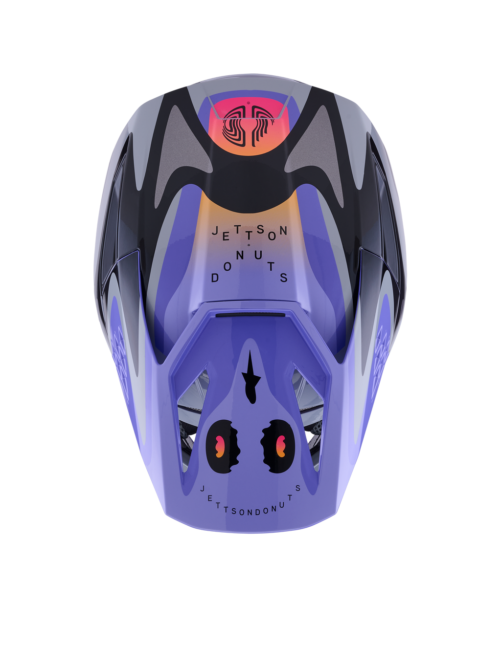 Capacete Alpinestars S-M3 Jettson, capacete de motocross, cinzento, roxo e preto brilhante com gradientes cor de laranja e rosa, vista superior com grafismos 'Jettson Donuts' e logótipo Alpinestars na pala, acabamento brilhante