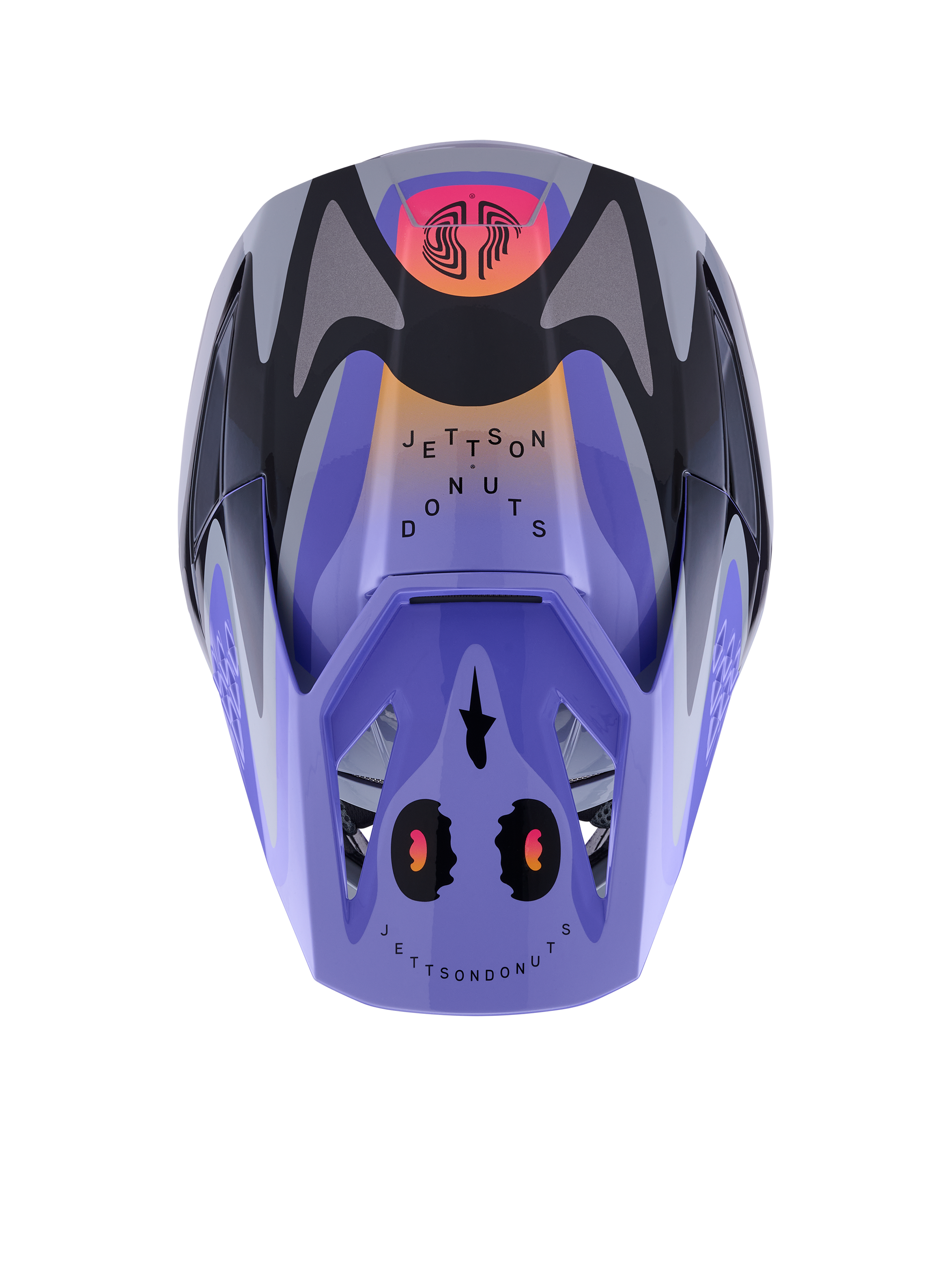Capacete Alpinestars S-M3 Jettson, capacete de motocross, cinzento, roxo e preto brilhante com gradientes cor de laranja e rosa, vista superior com grafismos 'Jettson Donuts' e logótipo Alpinestars na pala, acabamento brilhante