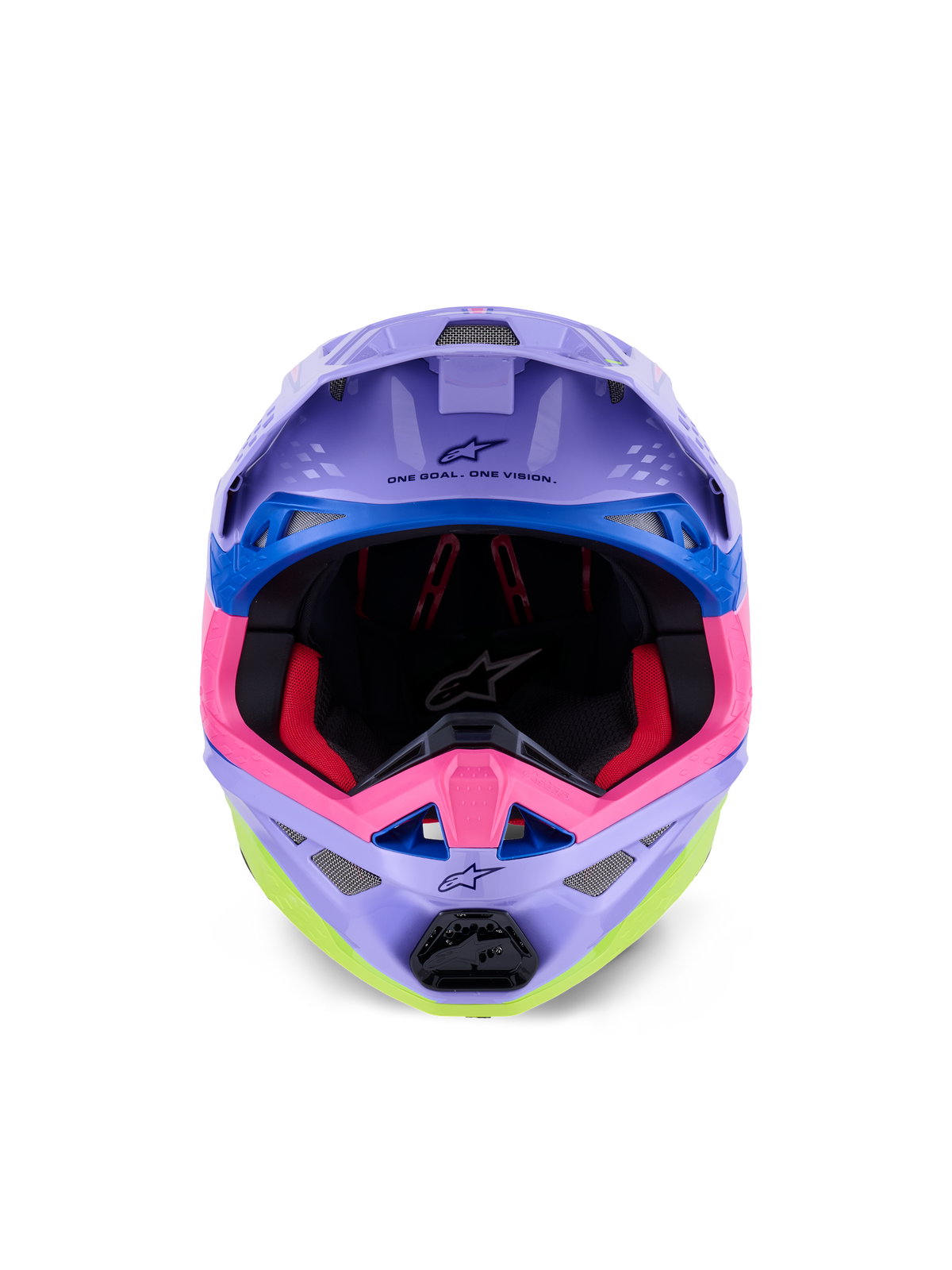 Capacete Alpinestars Supertech M10 Jett Lawrence R01, capacete de motocross, roxo, rosa e amarelo néon brilhante, vista frontal mostrando o acolchoamento interior e a queixeira, 'ONE GOAL. ONE VISION.' impresso sob a viseira, gráficos de corrida coloridos com detalhes em azul