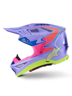 Alpinestars Supertech M10 Jett Lawrence R01 Helmet, Motocross Helmet, Purple with Pink and Fluo Yellow accents, side profile view featuring an aerodynamic carbon shell, silver star logo, multiple ventilation ports, and bold graphic design for professional motocross racing.