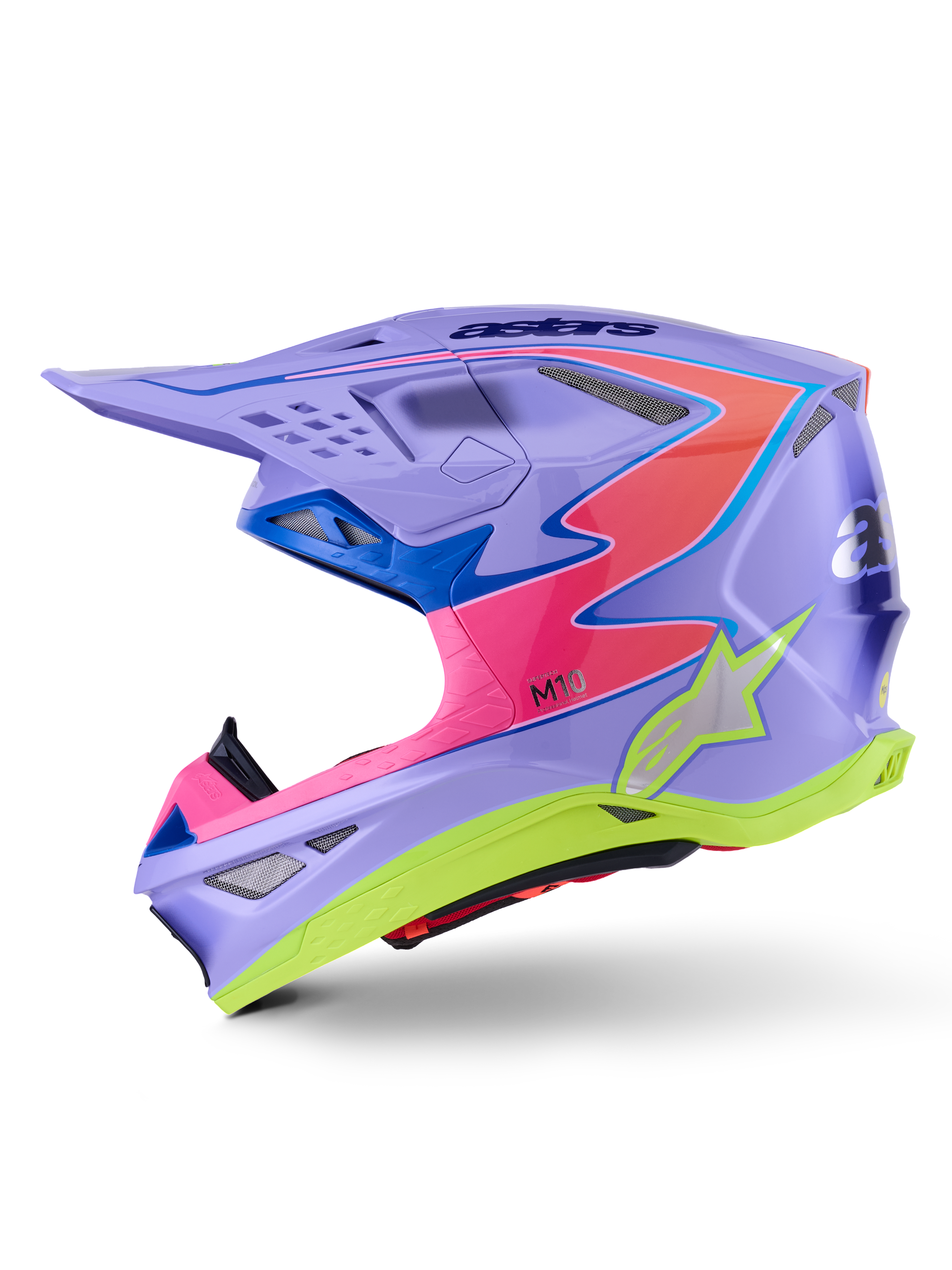 Alpinestars Supertech M10 Jett Lawrence R01 Helmet, Motocross Helmet, Purple with Pink and Fluo Yellow accents, side profile view featuring an aerodynamic carbon shell, silver star logo, multiple ventilation ports, and bold graphic design for professional motocross racing.