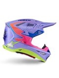 Alpinestars Supertech M10 Jett Lawrence R01 Helmet, Motocross Helmet, Purple with Pink and Fluorescent Yellow accents, side profile showing the aerodynamic carbon shell, multiple ventilation ports, and bold Alpinestars branding for off-road performance