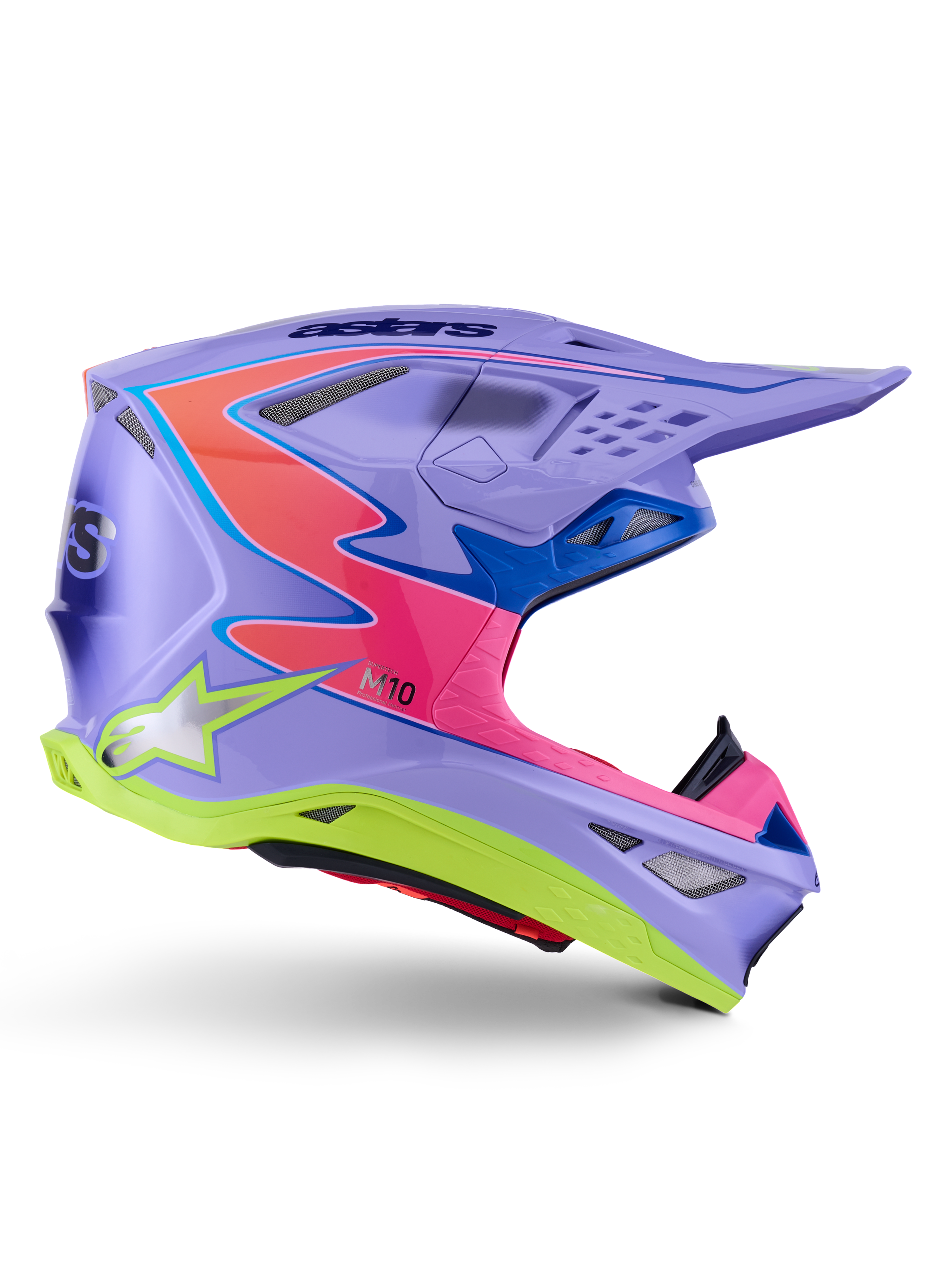 Alpinestars Supertech M10 Jett Lawrence R01 Helmet, Motocross Helmet, Purple with Pink and Fluorescent Yellow accents, side profile showing the aerodynamic carbon shell, multiple ventilation ports, and bold Alpinestars branding for off-road performance