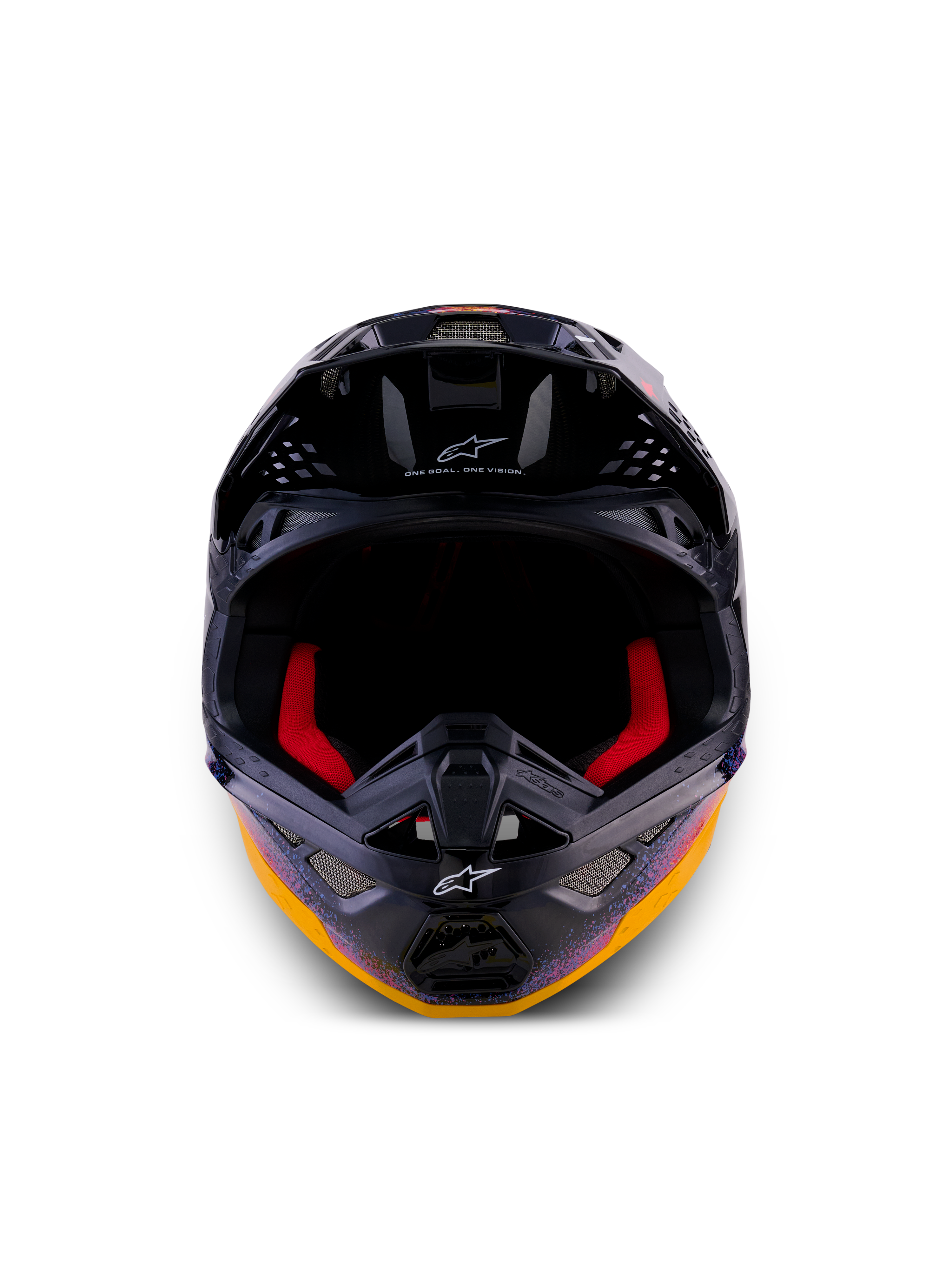 Alpinestars Limited Edition Supertech M10 Black Hole Helmet, Motocross Helmet, Black Burst Glossy with vibrant orange and purple galactic graphics, front view showing red interior padding and ventilation ports