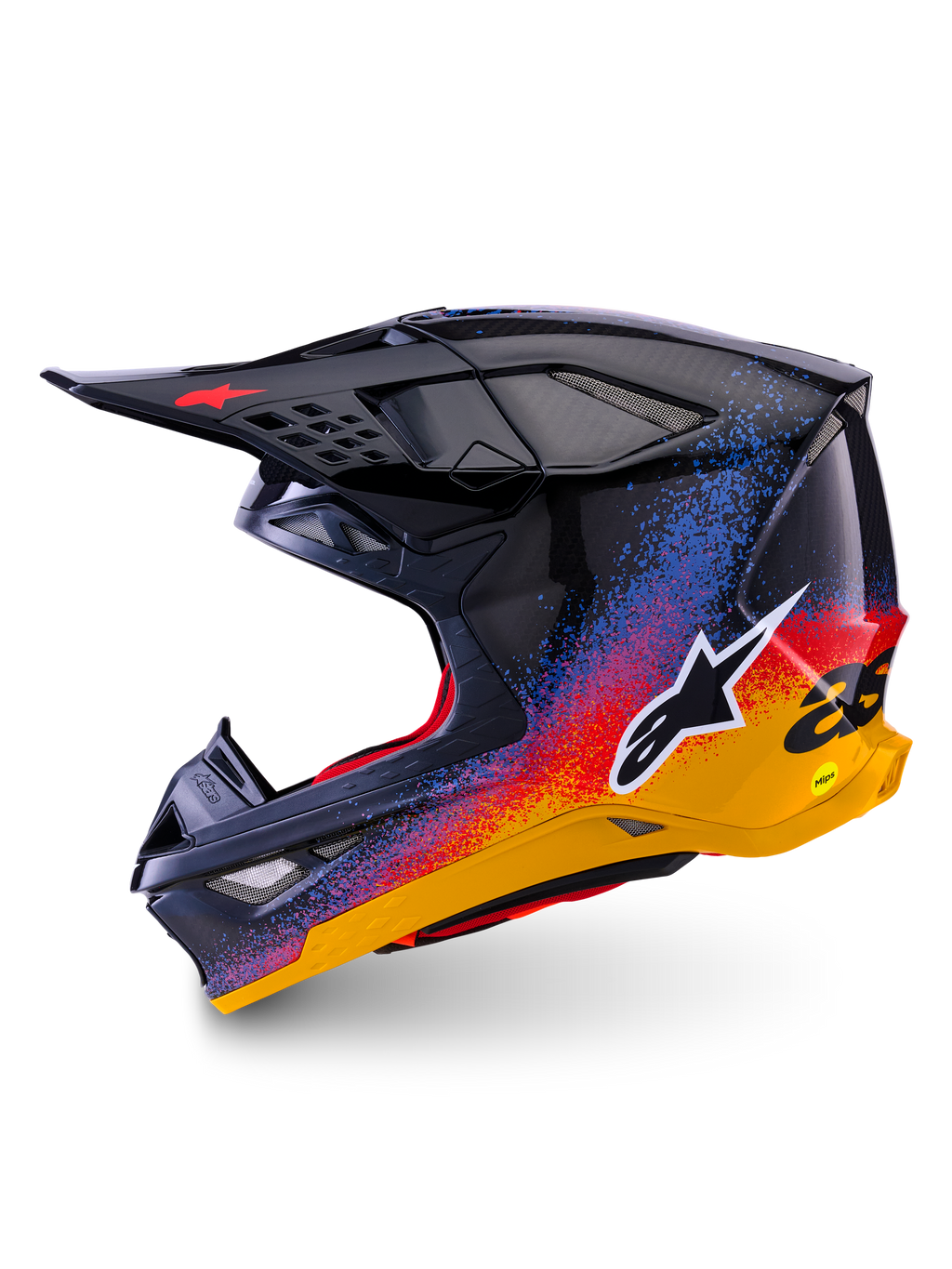 Alpinestars Limited Edition Supertech M10 Black Hole Helmet, Motocross Helmet, Black Burst Glossy finish with vibrant blue, red, and yellow gradient splatter, side profile view showing white Astars logo and carbon fiber shell textures.