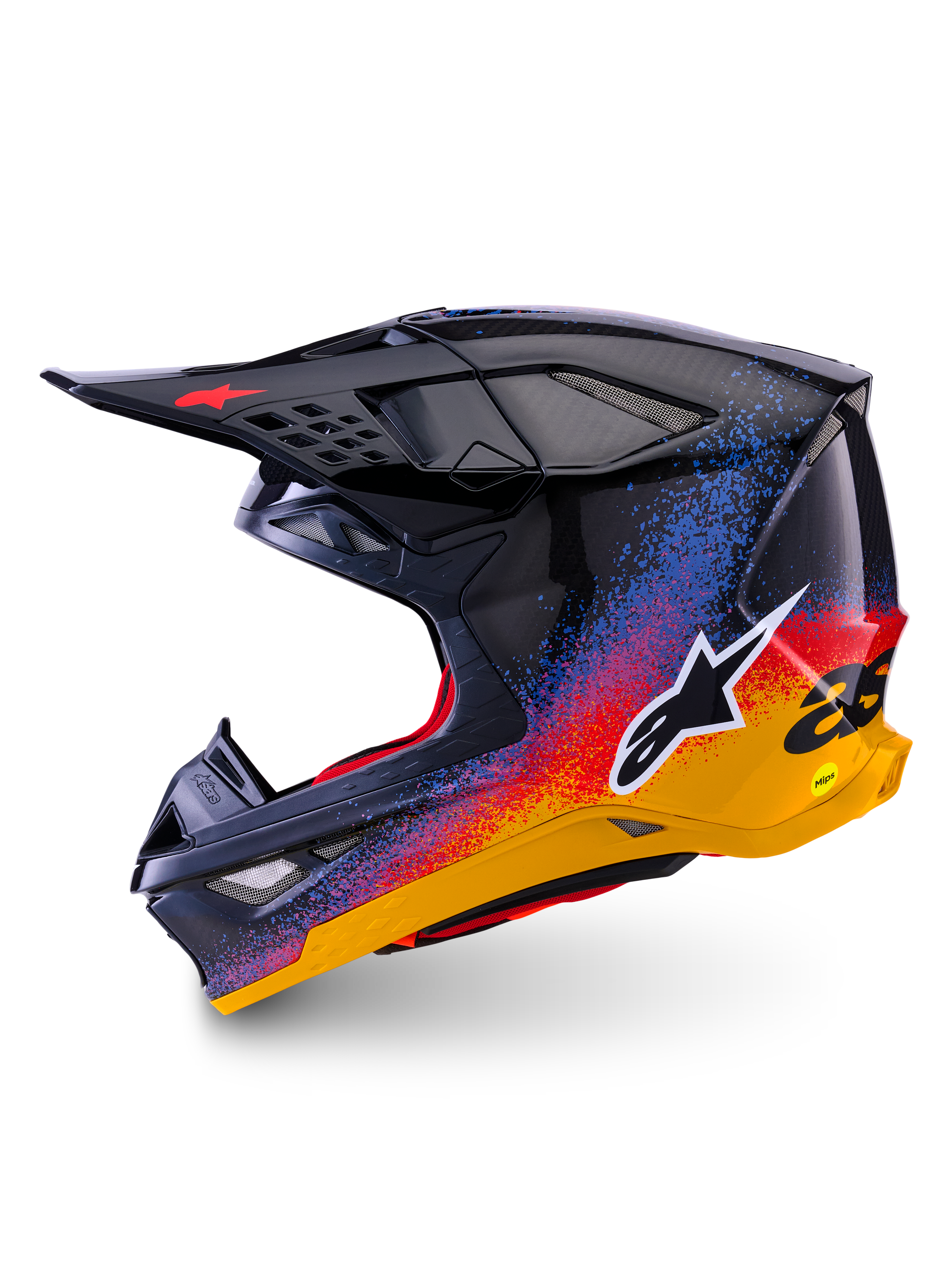 Alpinestars Limited Edition Supertech M10 Black Hole Helmet, Motocross Helmet, Black Burst Glossy finish with vibrant blue, red, and yellow gradient splatter, side profile view showing white Astars logo and carbon fiber shell textures.
