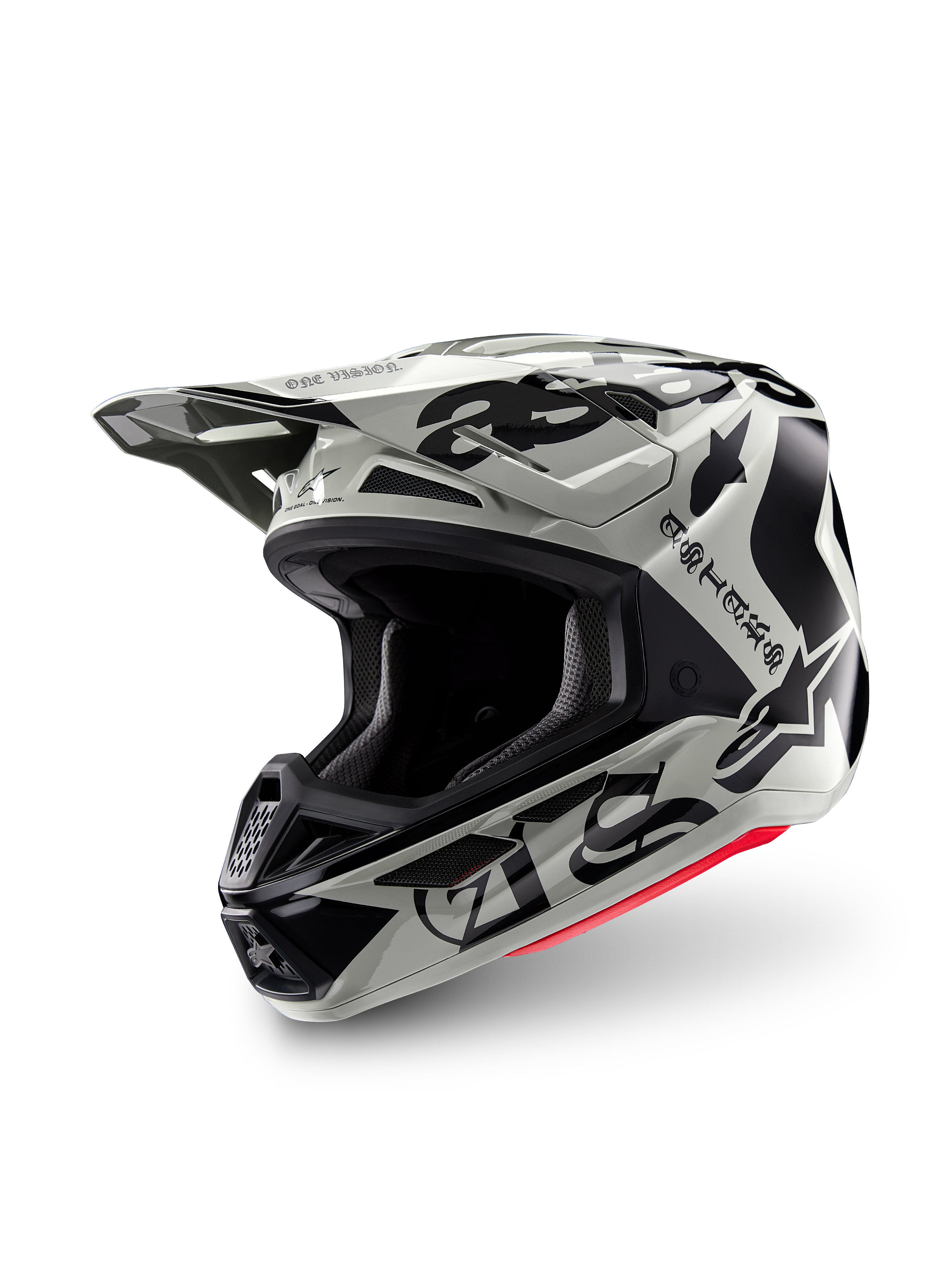 Alpinestars Limited Edition S-M7 Wolf Dust Helmet, Motocross Helmet, Dune Black Glossy, light gray shell with black gothic 'ASTARS' lettering and star logo, red bottom rim accent, featuring a high-performance visor and multiple air intake vents, three-quarter front view