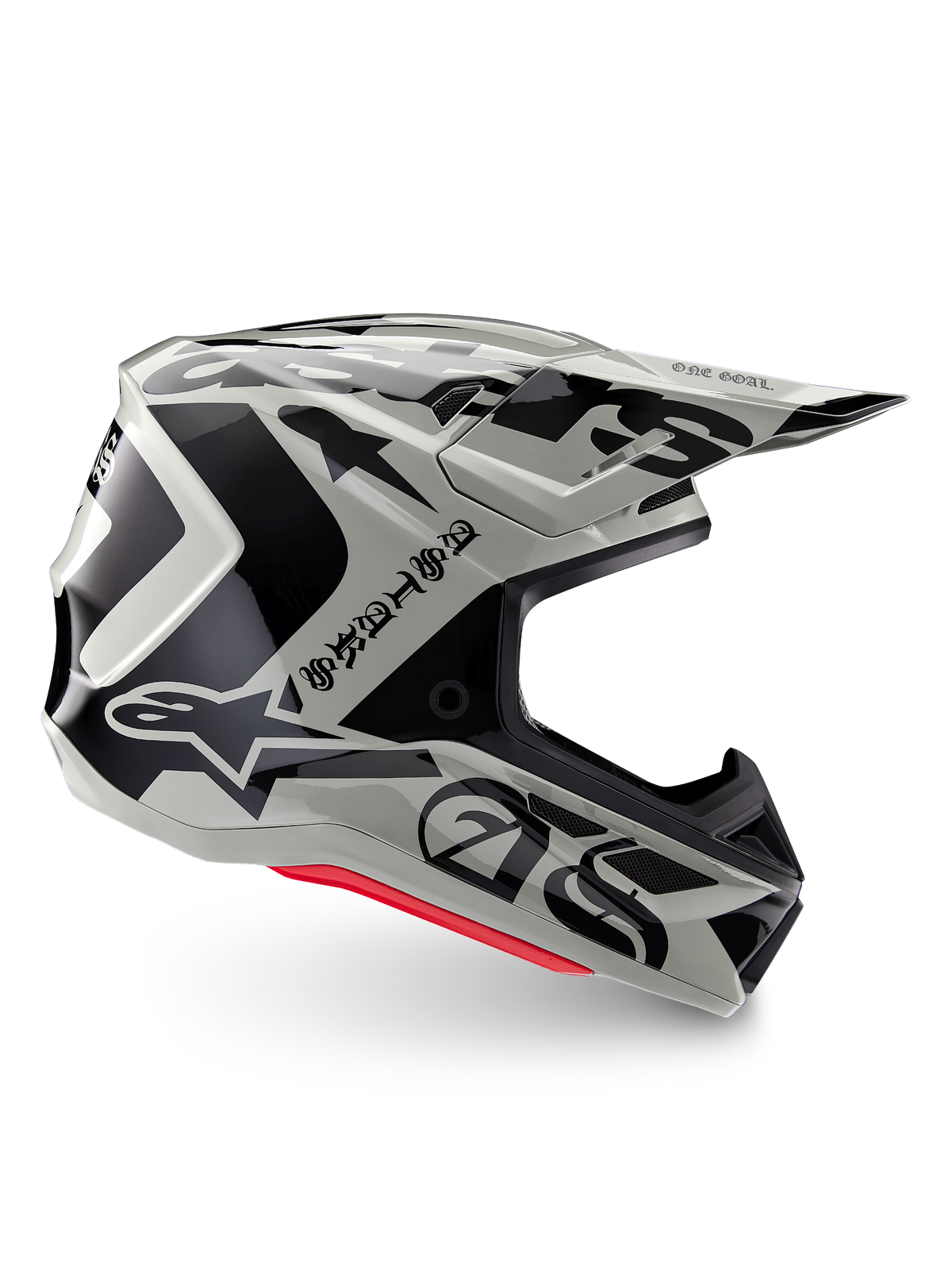 Capacete Alpinestars S-M7 Wolf Dust Edição Limitada, capacete de motocross Dune Black Glossy, perfil lateral com gráficos pretos marcantes e logótipos, detalhes vermelhos na base, proteção aerodinâmica de cabeça para todo-o-terreno