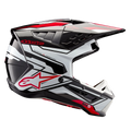 Alpinestars S-M5 Action 2 Helmet ECE, Motocross Helmet, Black White Bright Red Glossy, side profile view showing bold graphics and red star logo, sleek aerodynamic shell with multiple air vents, adjustable visor, high-performance gear for off-road racing