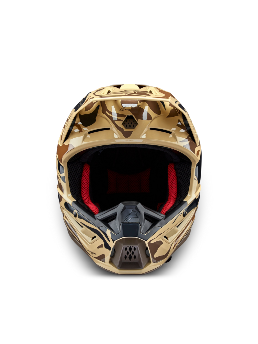 Alpinestars S-M5 Mineral, capacete de motocross castanho camuflado, vista frontal com interior vermelho, certificado ECE.